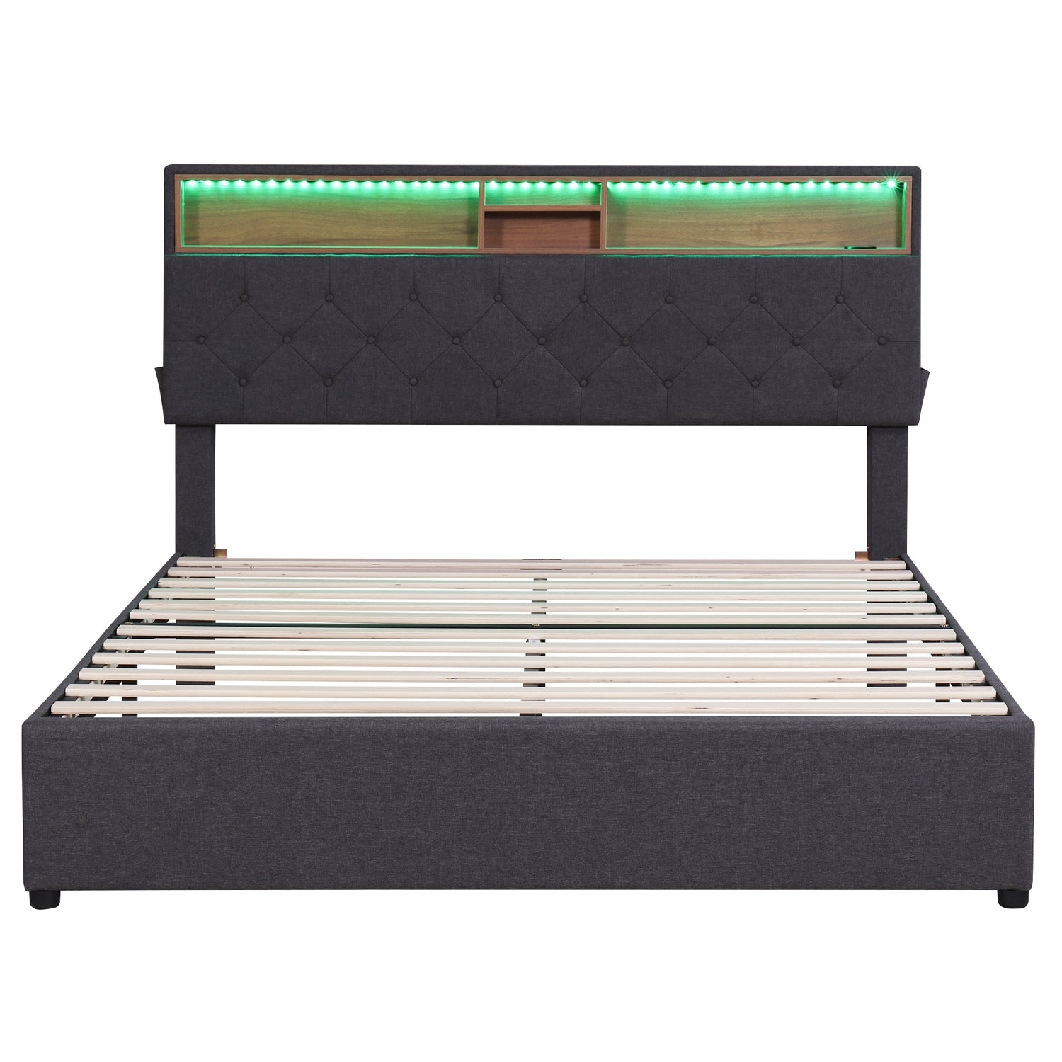 Queen Size Upholstered Platform Bed with Storage Headboard, LED, USB Charging and 2 Drawers Dark Gray