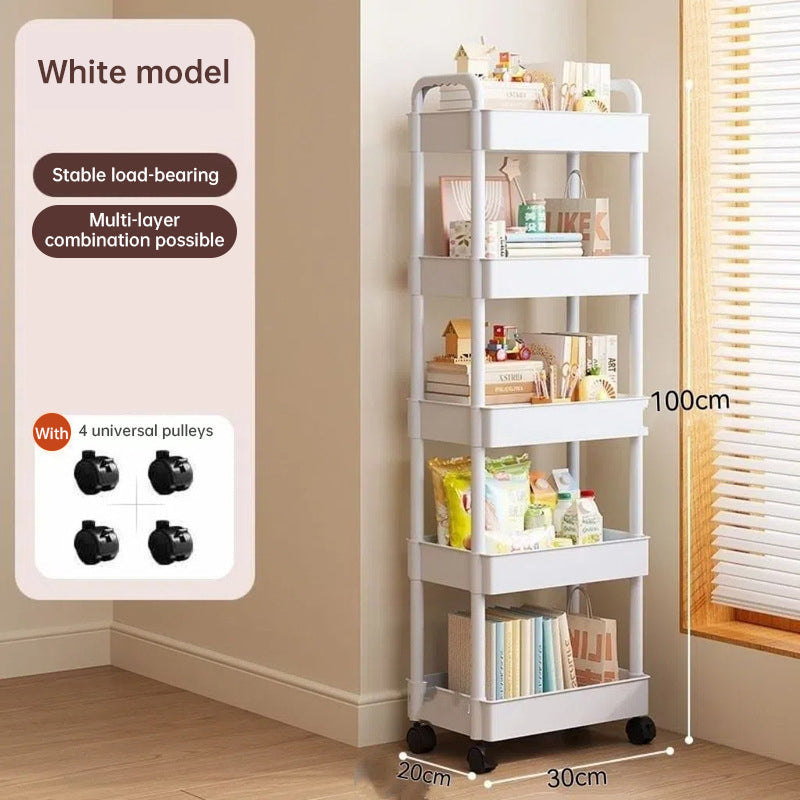 White rolling storage cart. Multifunctional, open shelves for books, ideal for kitchen &amp; bedroom storage