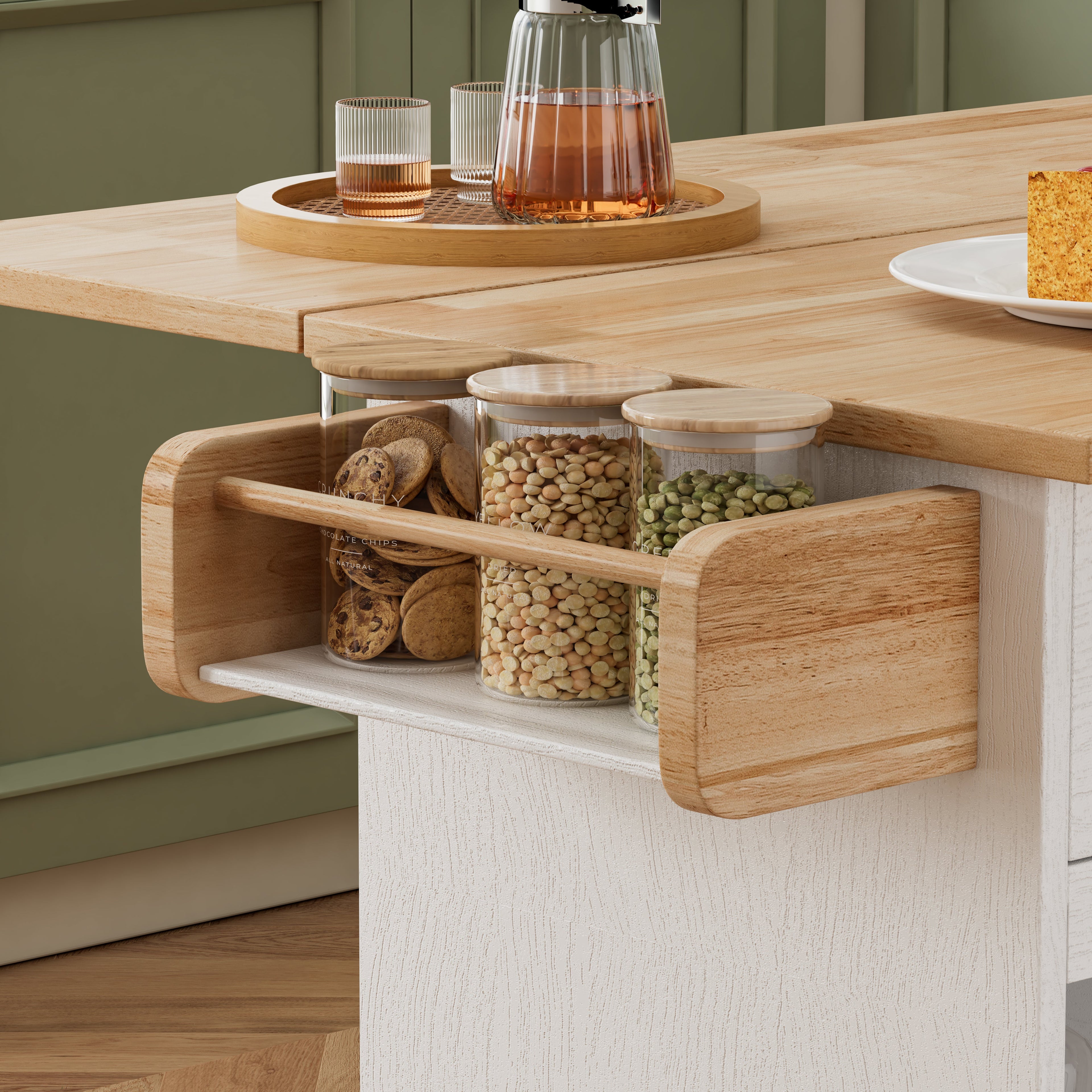 44 Inch Kitchen Island Cart with Solid Wood Top, Wine Storage, Spice Rack, Towel Rack, Wine Glass Holder White &amp; Oak