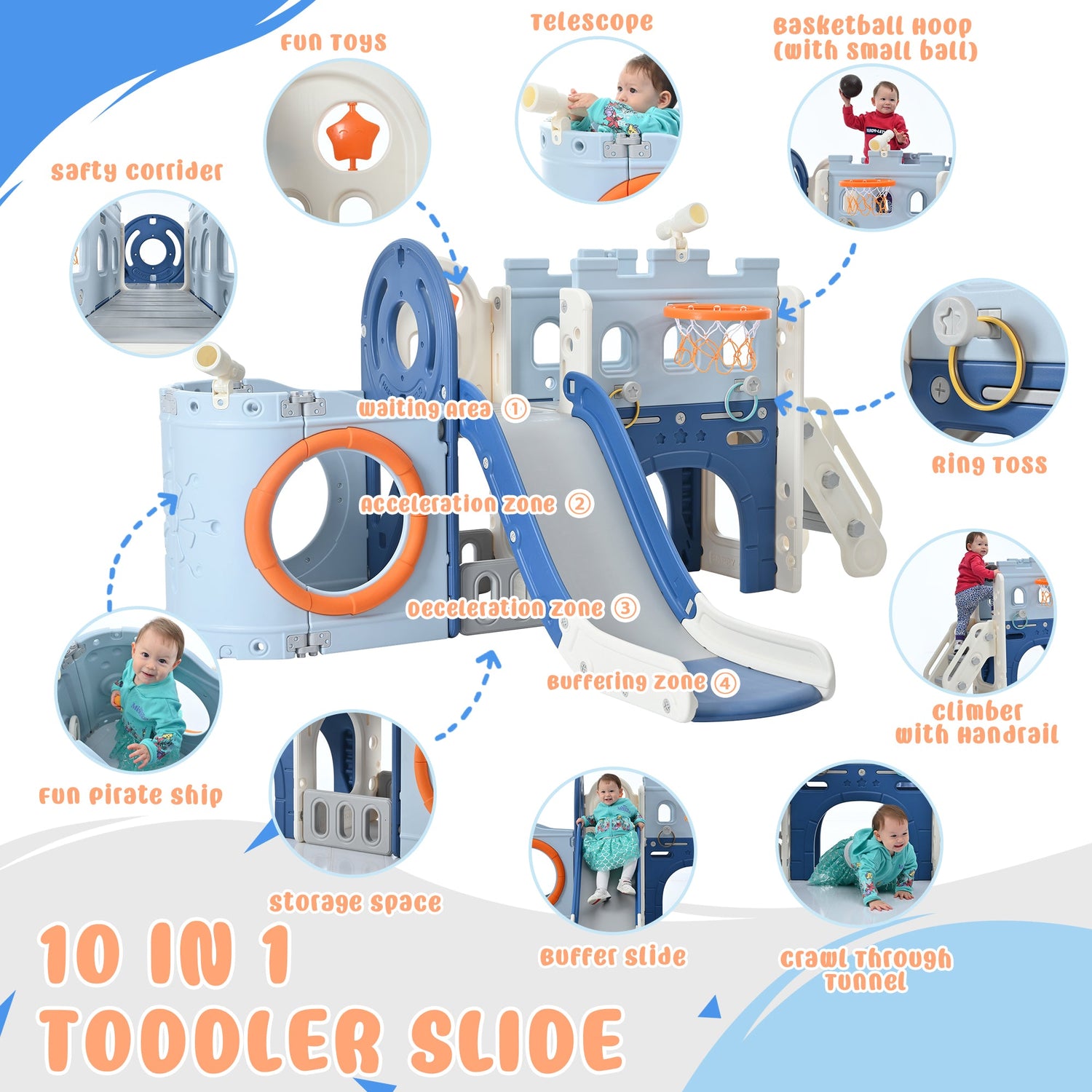 10-1 Toddler Slide Set,Kids Slide for Toddlers Ages 1+, Basketball Hoop Pirate Ship Themed Slide with Ship Head Indoor&amp; Outdoor