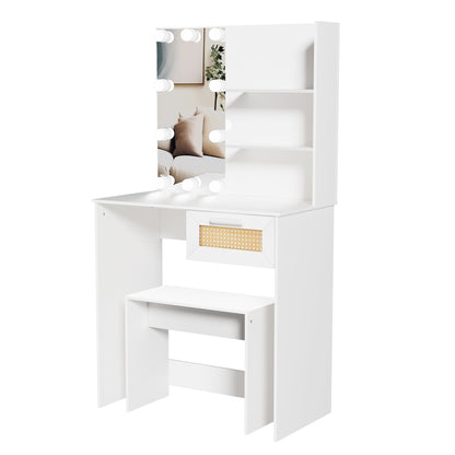 Vanity Desk Set Stool &amp; Dressing Table with LED Lighting Mirror Drawer and Wood Cosmetic Table Chest of Drawers White Color