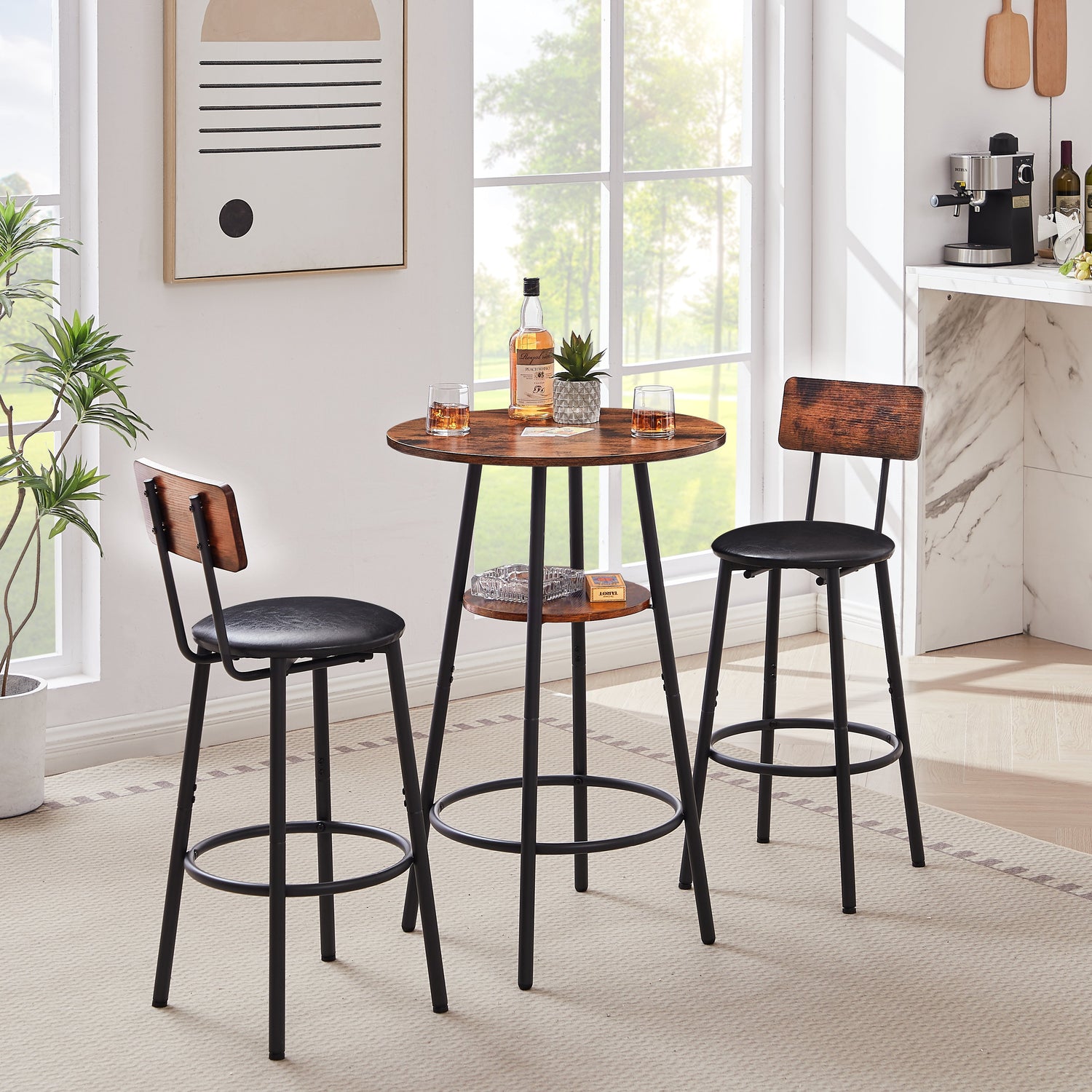 Round bar stool set with shelf upholstered stool with backrest Rustic Brown 23.62&