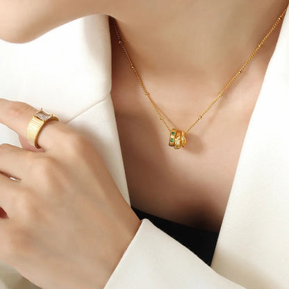 Fashion OL Titanium Steel Pendant Inlaid with Zircon Accessories Versatile Three Ring Buckle Necklace for Women