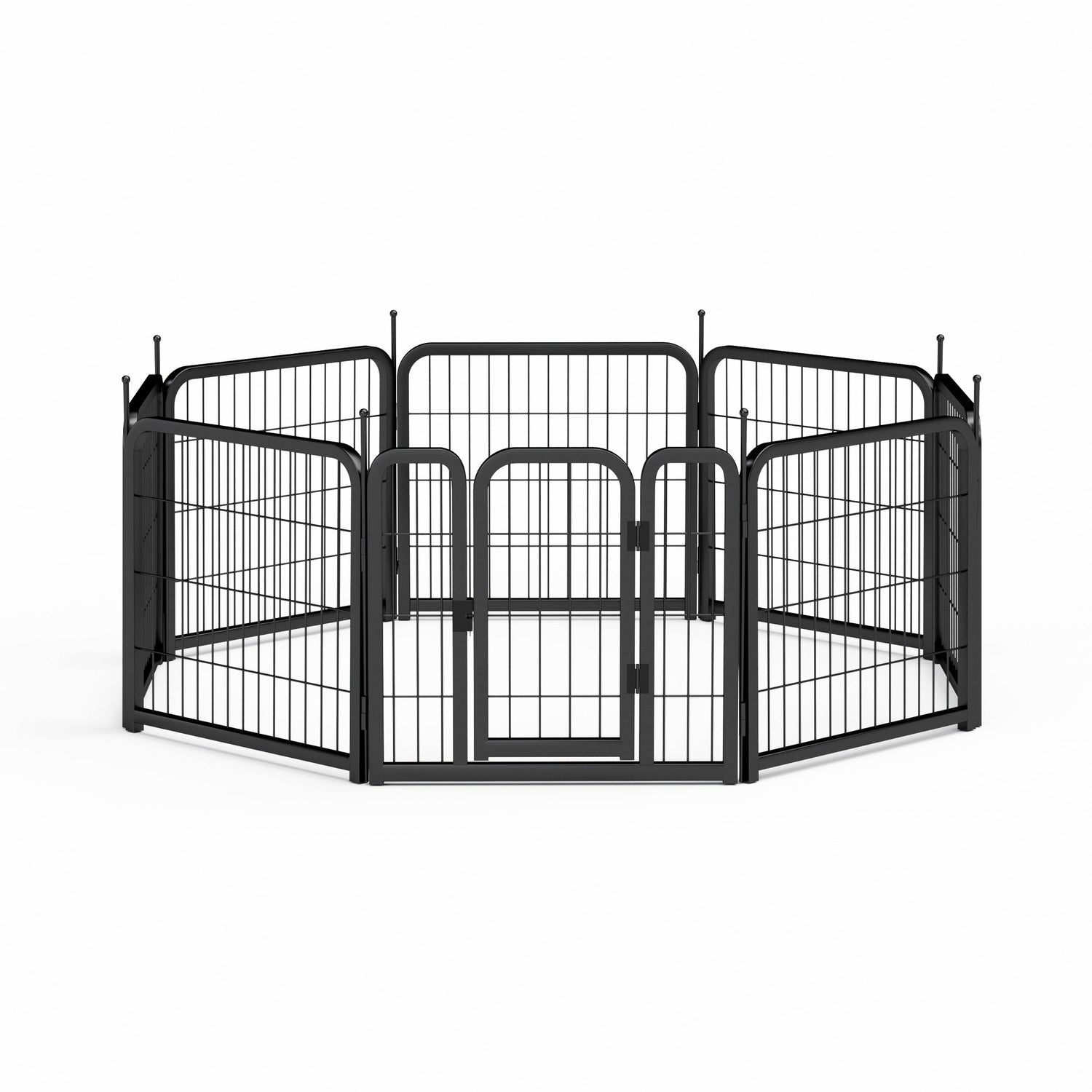 8-panel dog fence, 24 inch small dog pet fence, portable indoor pet game fence. Black, 22.2 inches wide x 23.6 inches high.