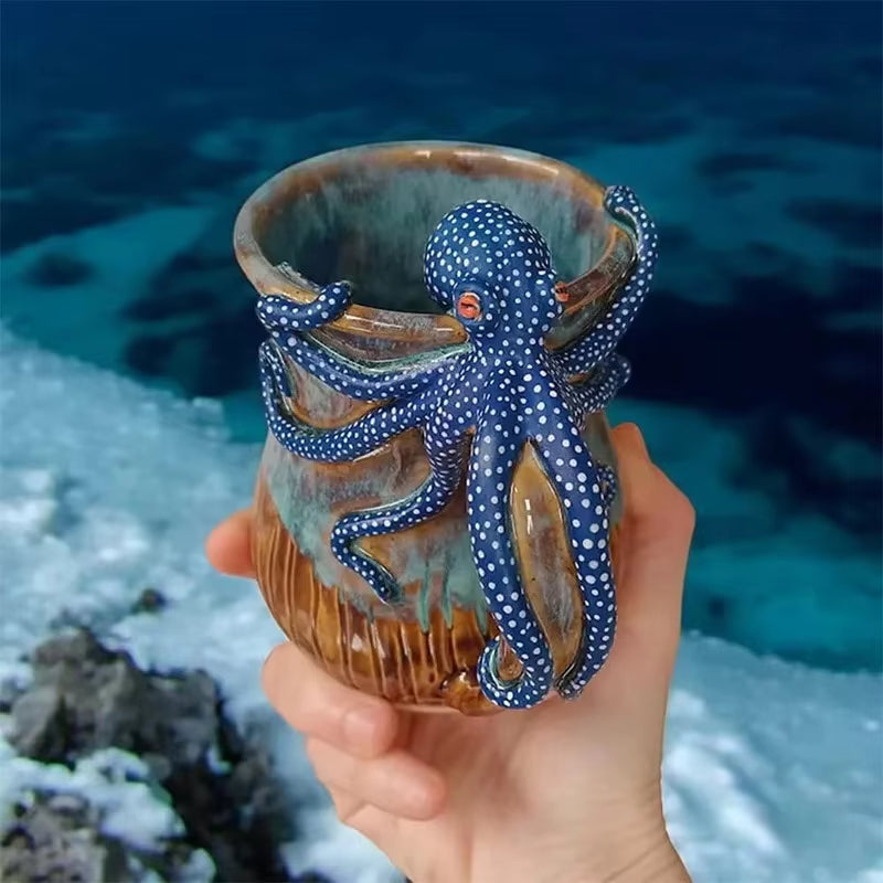 Handmade Deep Blue Octopus Mug. For Hot &amp; Cold Drinks