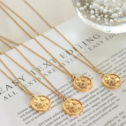 Zircon Star Moon Romantic Necklace Titanium Steel Gold Plated Round Pendant Neck Chain