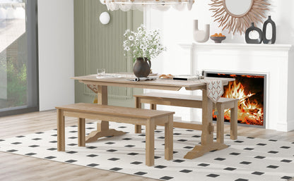 TREXM 3-piece retro dining table, rectangular stand table, and 2 4-person wooden stools (made of natural wood)