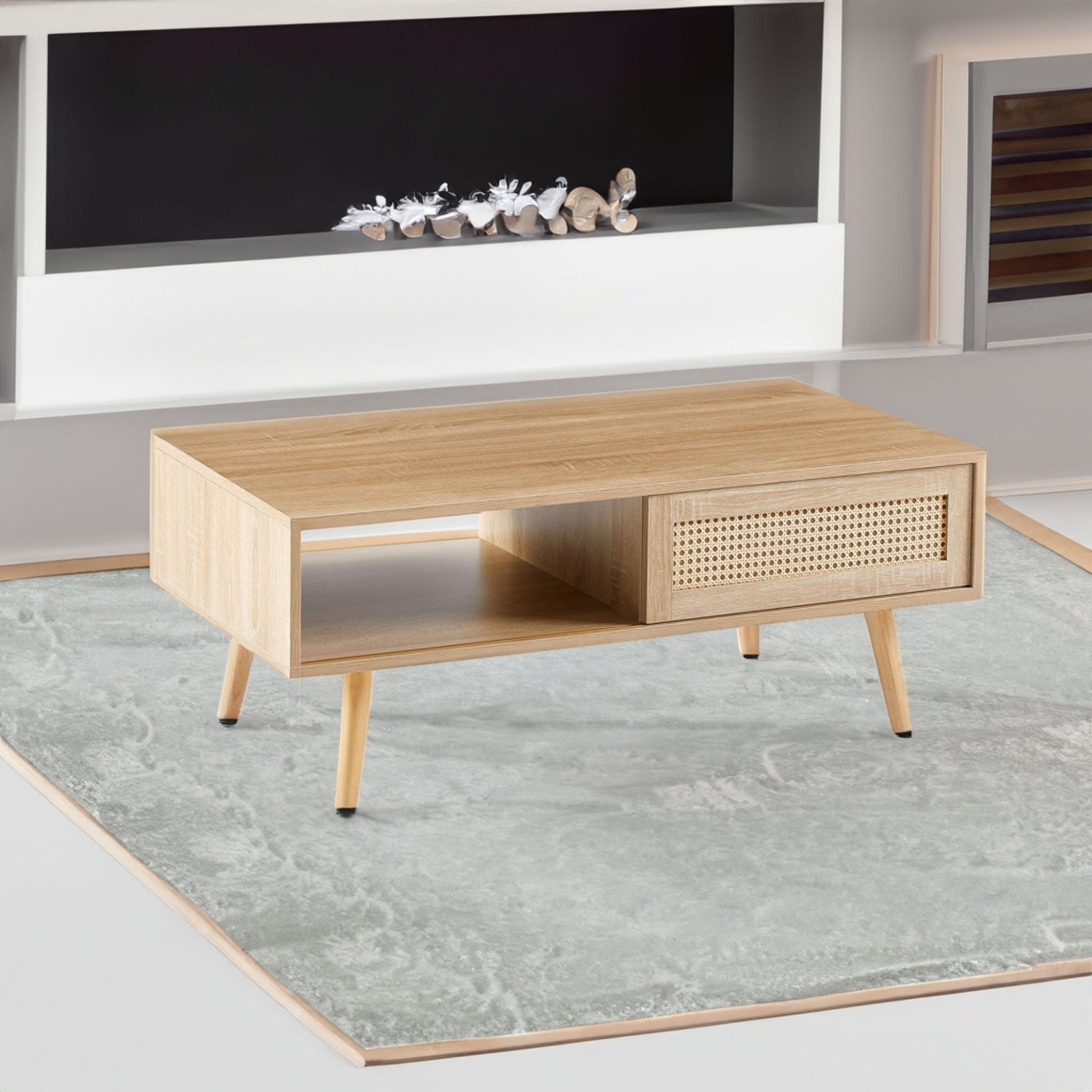 41.34" Rattan Coffee table sliding door for storage solid wood legs Modern table for living room  natural