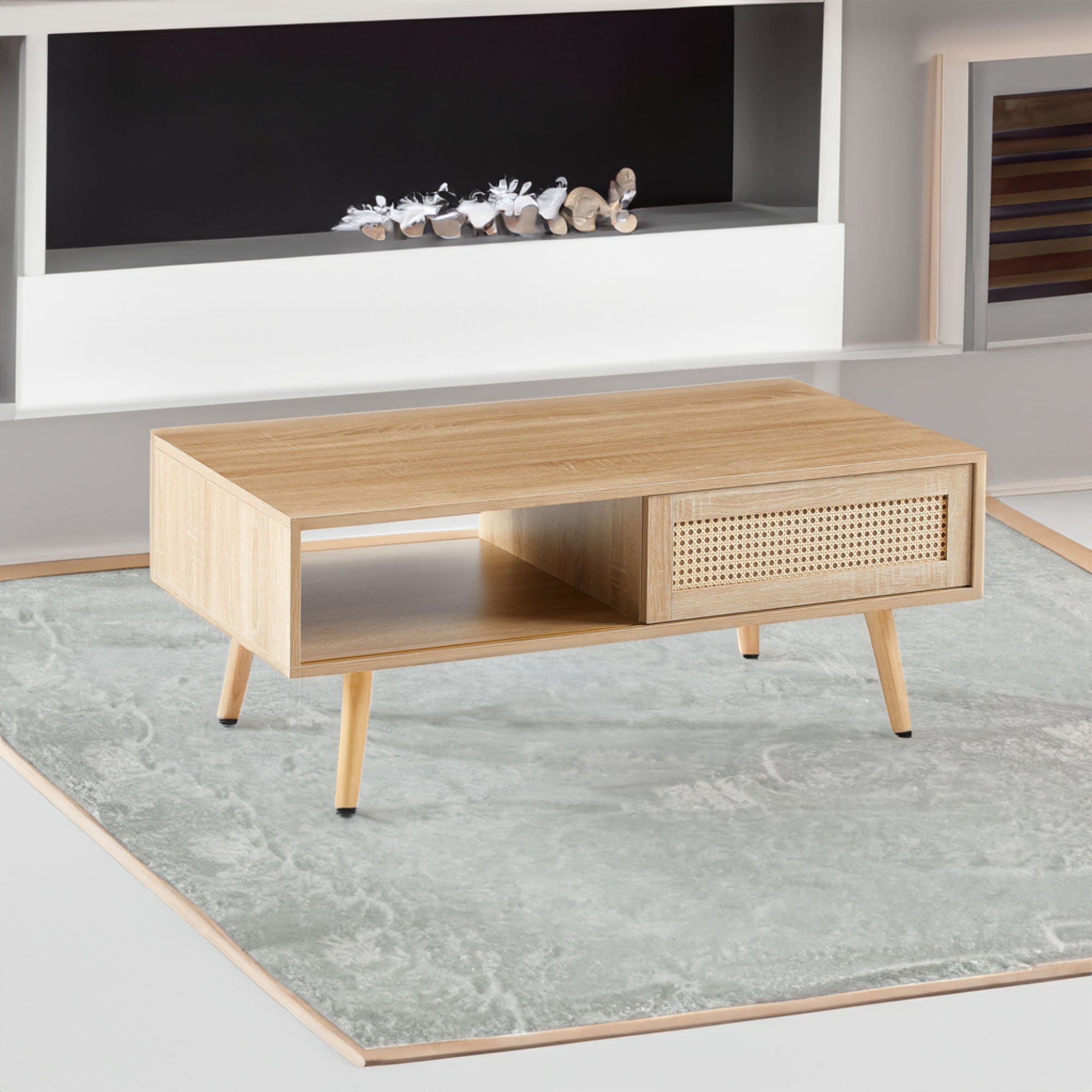 41.34" Rattan Coffee table sliding door for storage solid wood legs Modern table for living room  natural