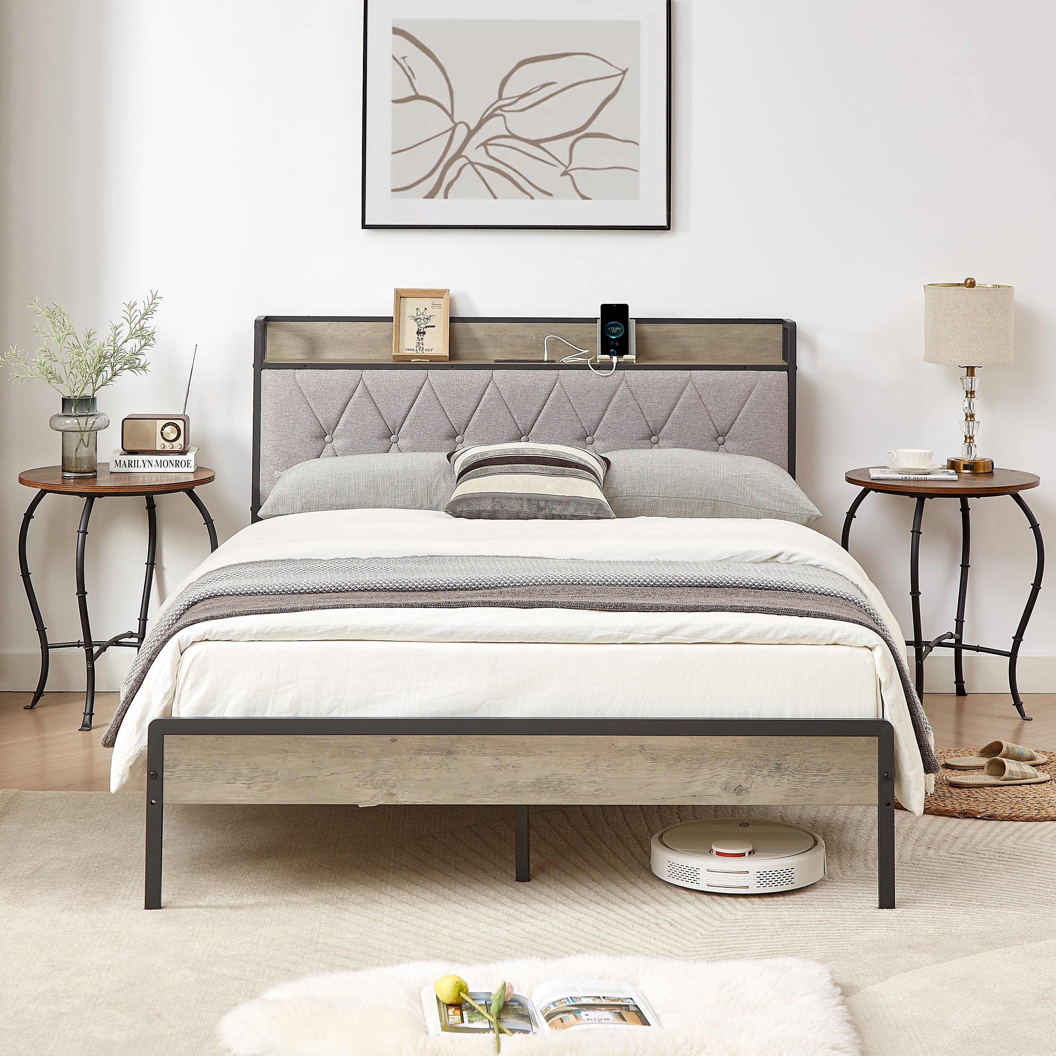 Bed frame with charging station full size, Grey, 83.1&