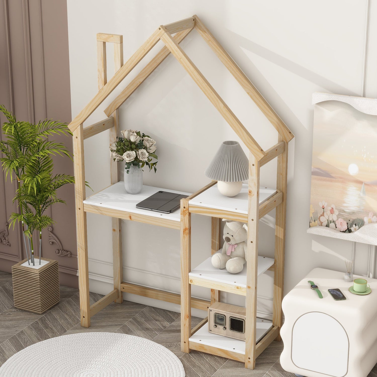 House-shaped Wooden writing Desk Kids study Table Bookshelf &amp; Toy Storage Natural