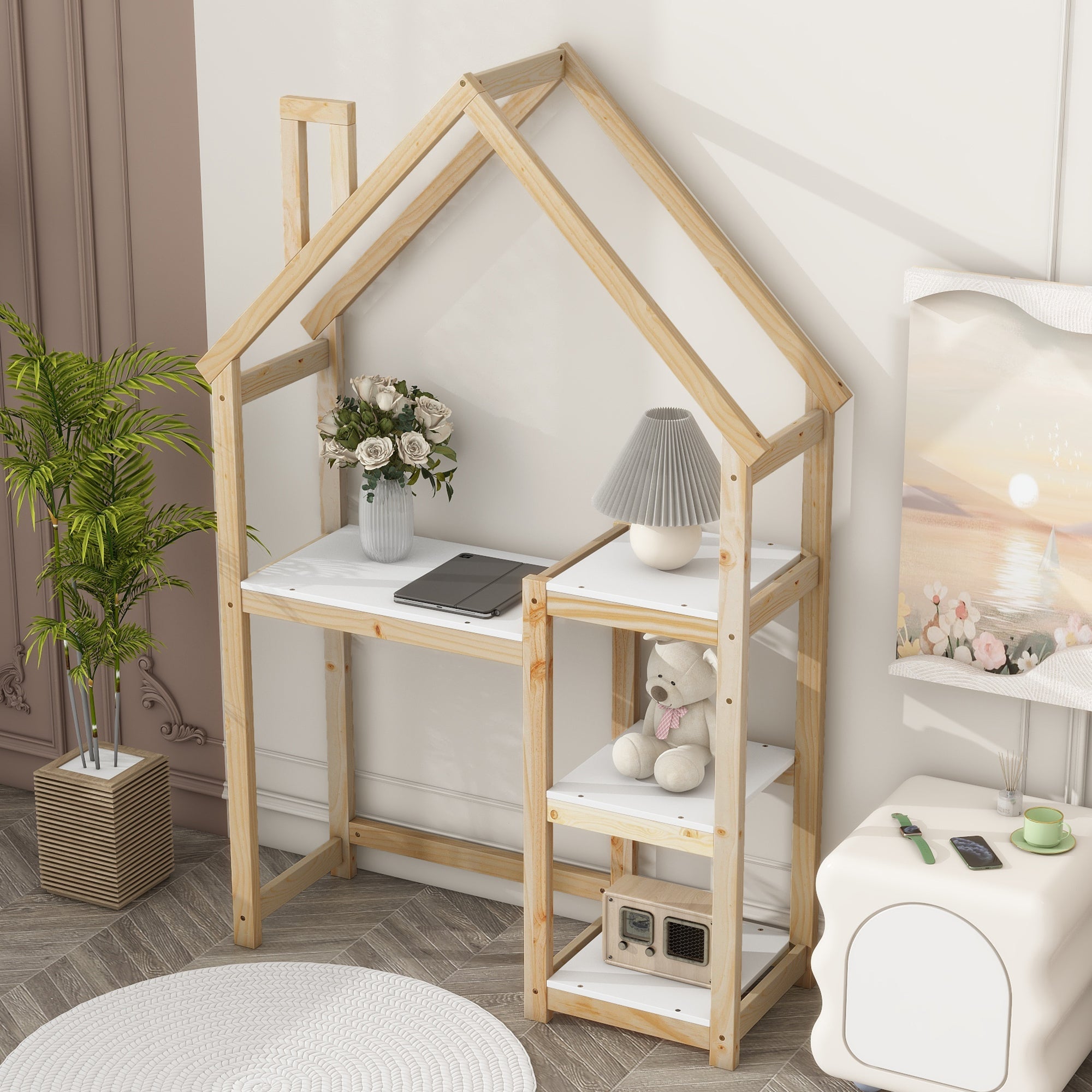 House-shaped Wooden writing Desk Kids study Table Bookshelf &amp; Toy Storage Natural