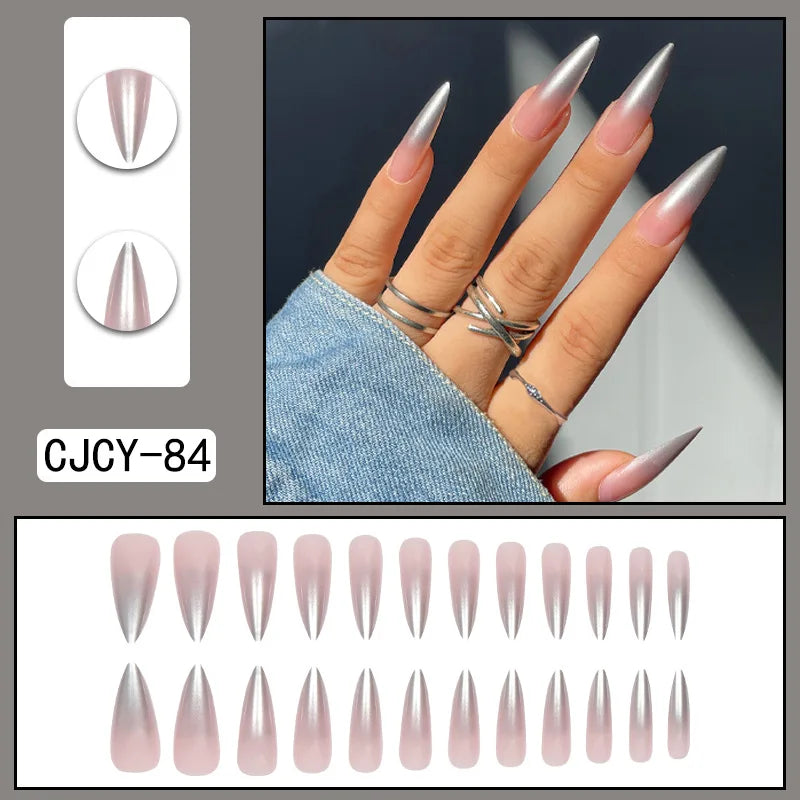 24 unghie finte in ABS con motivo a spillo lungo 1 gel di gelatina 1 lima per unghie a colori casuali per l&