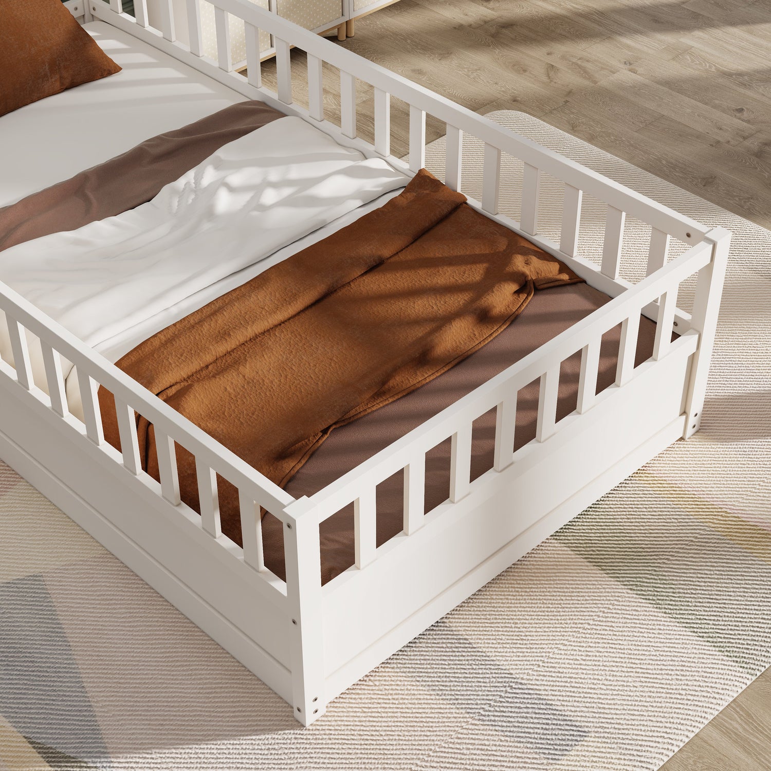 Double bed floor standing bed with ultra-high safety barrier, children&