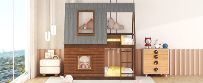 Wood Twin Size House Bunk Bed with Roof, Ladder and 2 Windows, Oak &amp; Smoky Grey