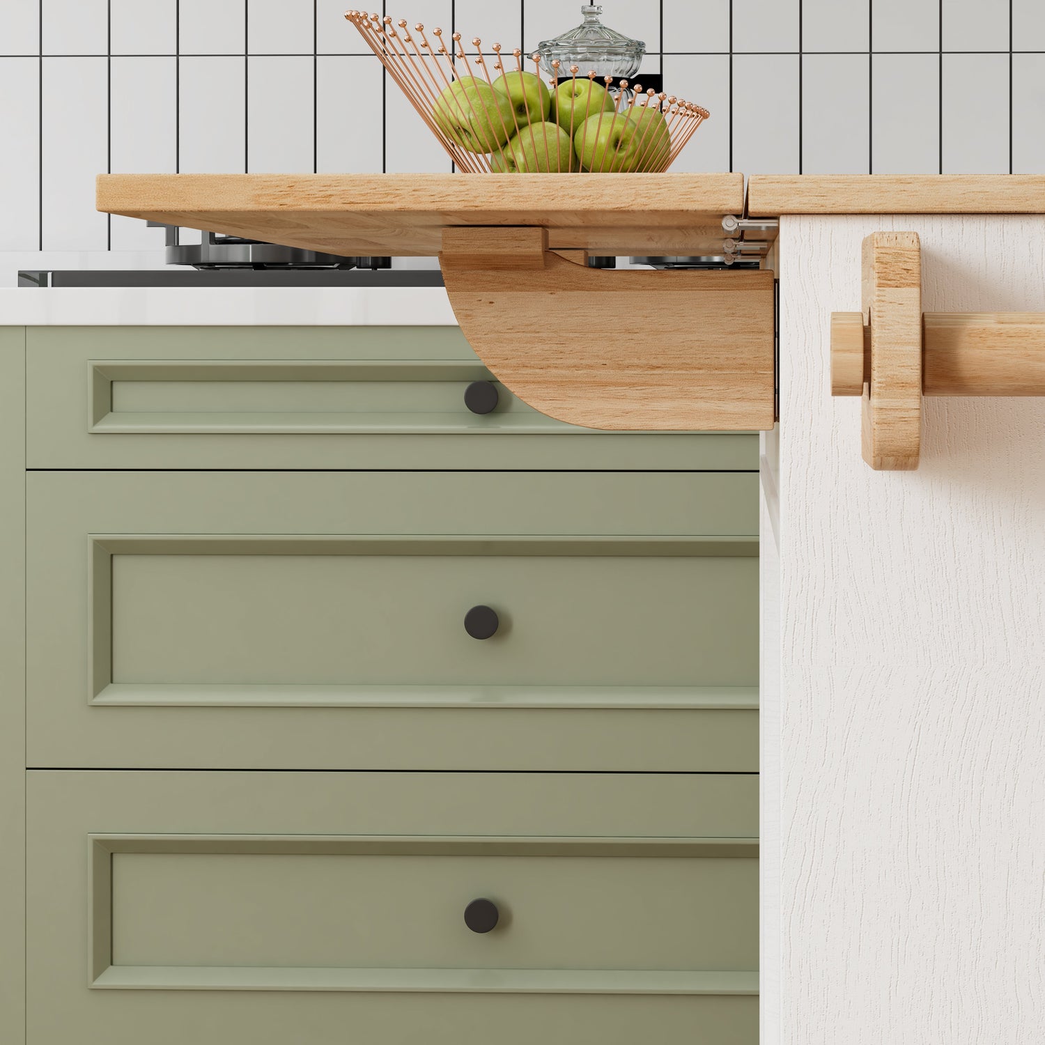 44 Inch Kitchen Island Cart with Solid Wood Top, Wine Storage, Spice Rack, Towel Rack, Wine Glass Holder White &amp; Oak