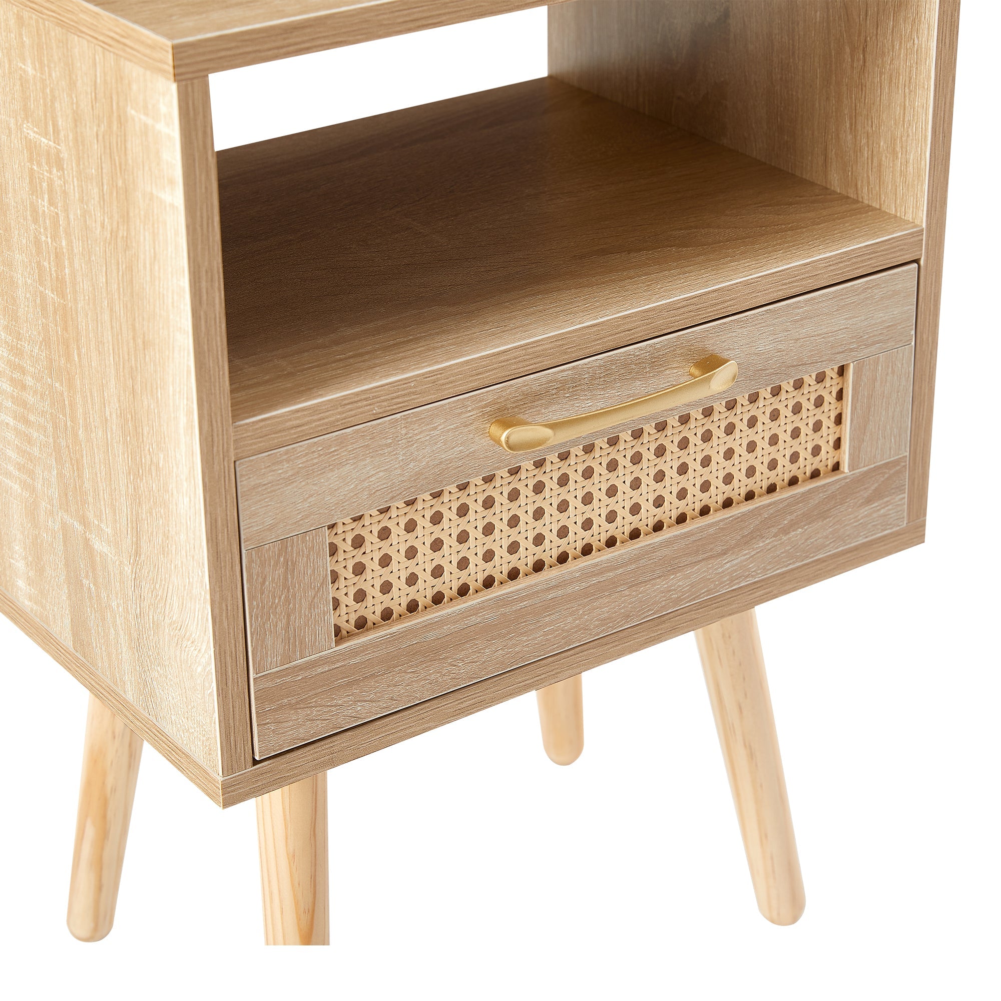 15.75" Rattan End table with Power Outlet &amp; USB Ports  Modern nightstand with drawer and solid wood legs