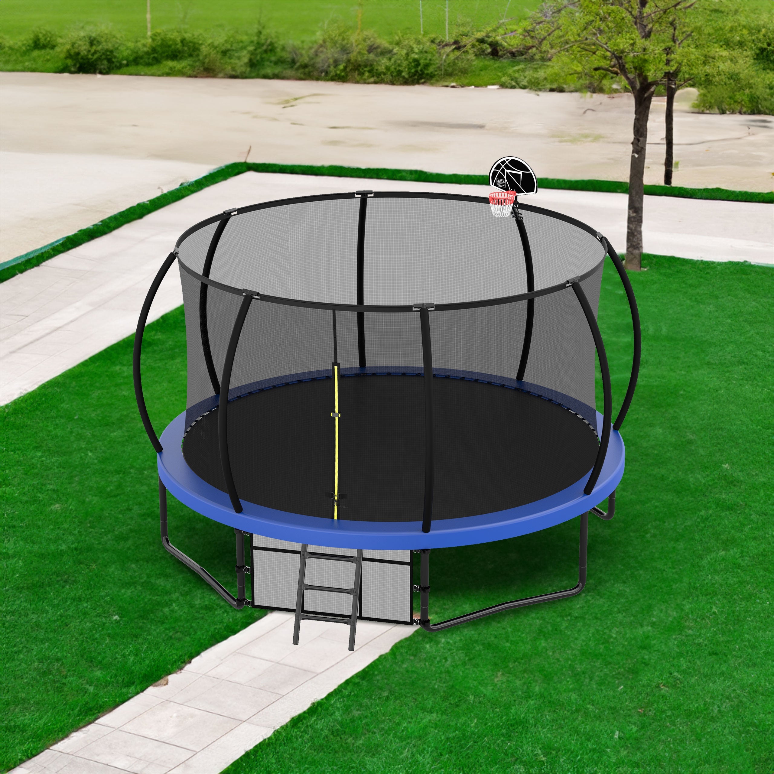 12FT Recreational Kids Trampoline with Safety Enclosure Net &amp; Ladder, Outdoor Recreational Trampolines
