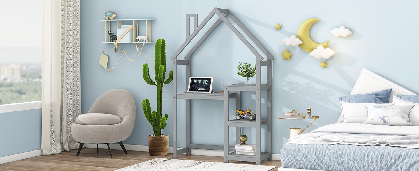 House-shaped Wooden writing Desk,Kids study Table,Bookshelf &amp; Toy Storage,Grey