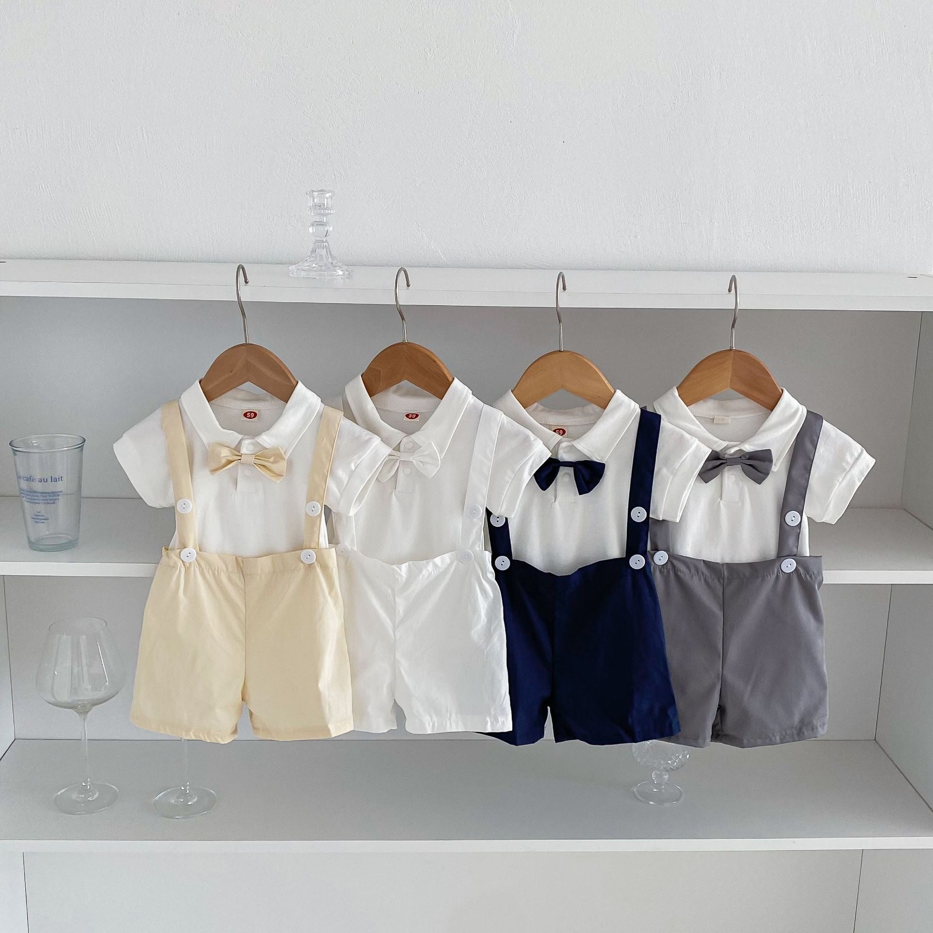 Summer baby hoodie tie suspender shorts two-piece set for gentlemen&