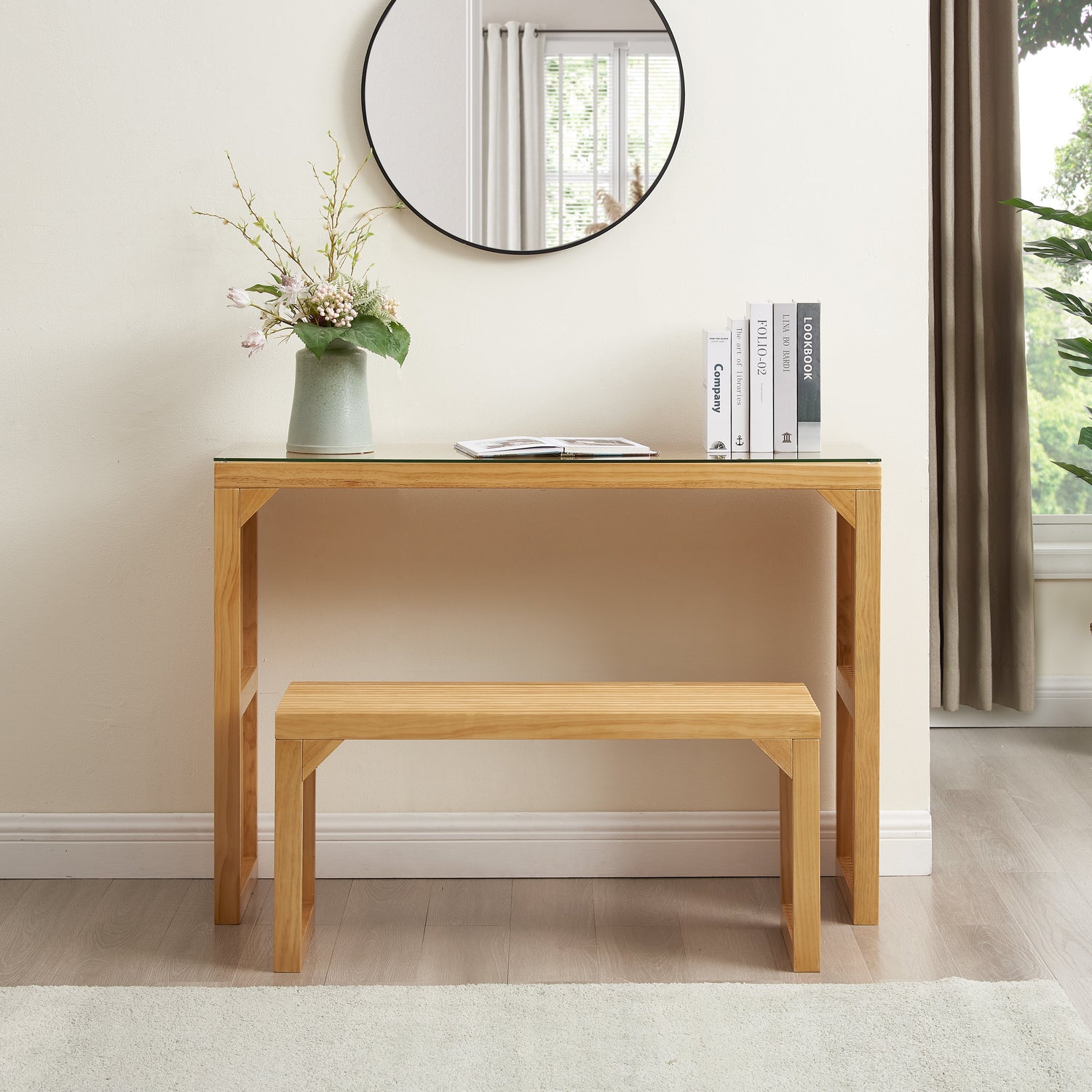 Dining Bench and Table, Pine Indoor Wood Bench for Entryway,Living Room,Kitchen and Bedroom Table (Nature, Long Bench &amp; Table)