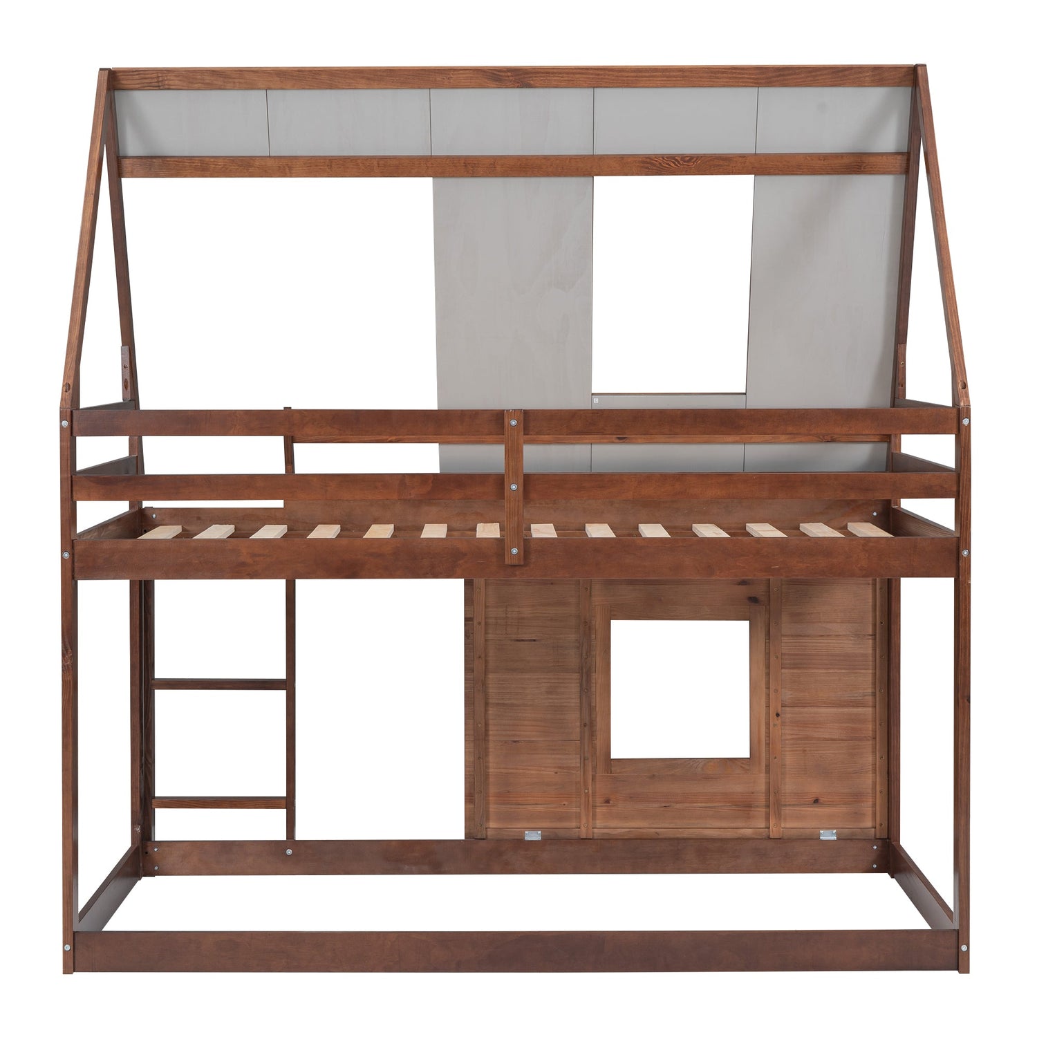Wood Twin Size House Bunk Bed with Roof, Ladder and 2 Windows, Oak &amp; Smoky Grey
