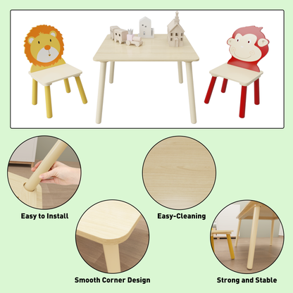 Kids Table and 2 Chairs Set 3 Pieces Toddler Table and Chair Set Wooden Activity Play Table Set (Lion&amp;Monkey)