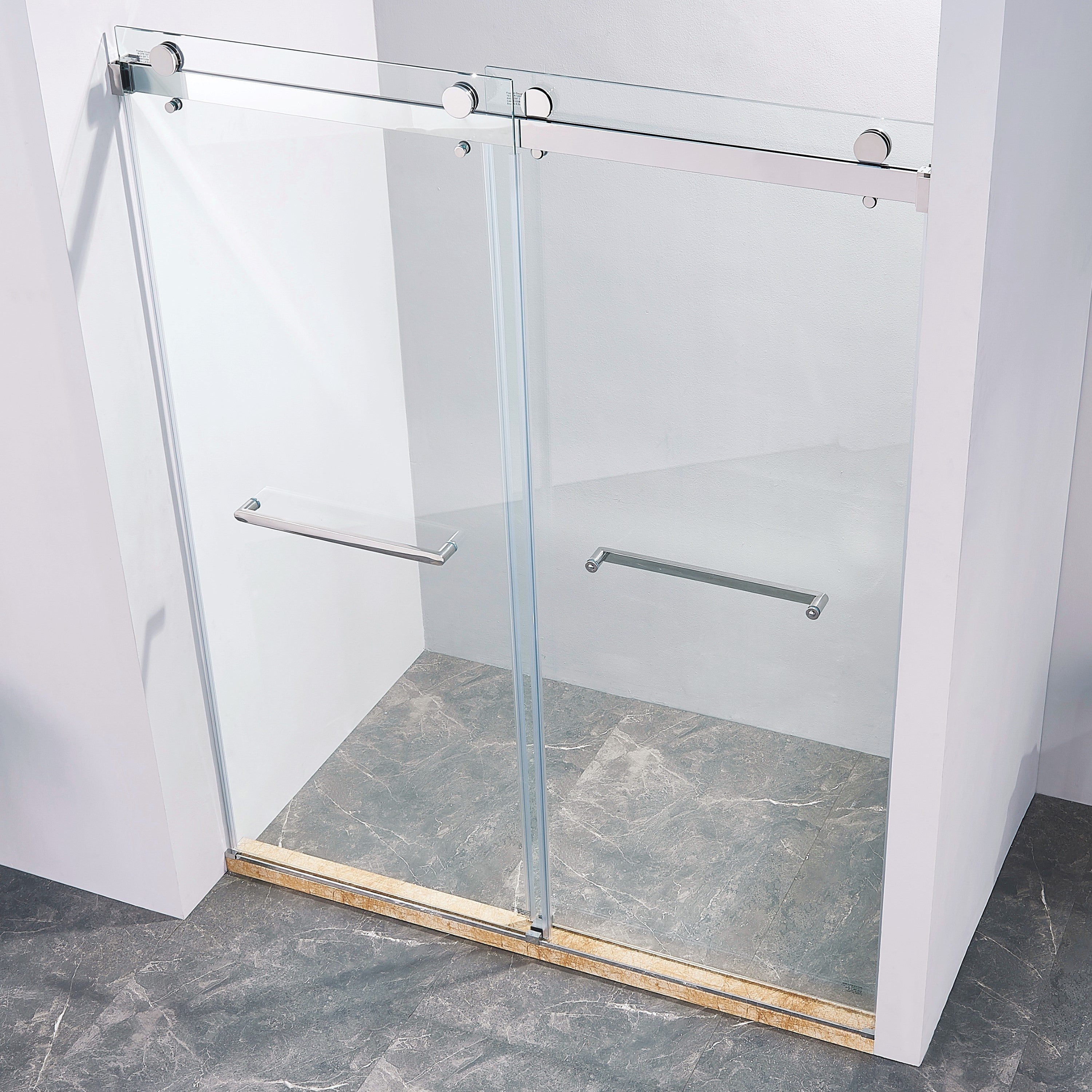 56-60 "wide x 75" high frameless double sliding shower door, 304 stainless steel chrome plated, 8mm thick SGCC tempered transpar