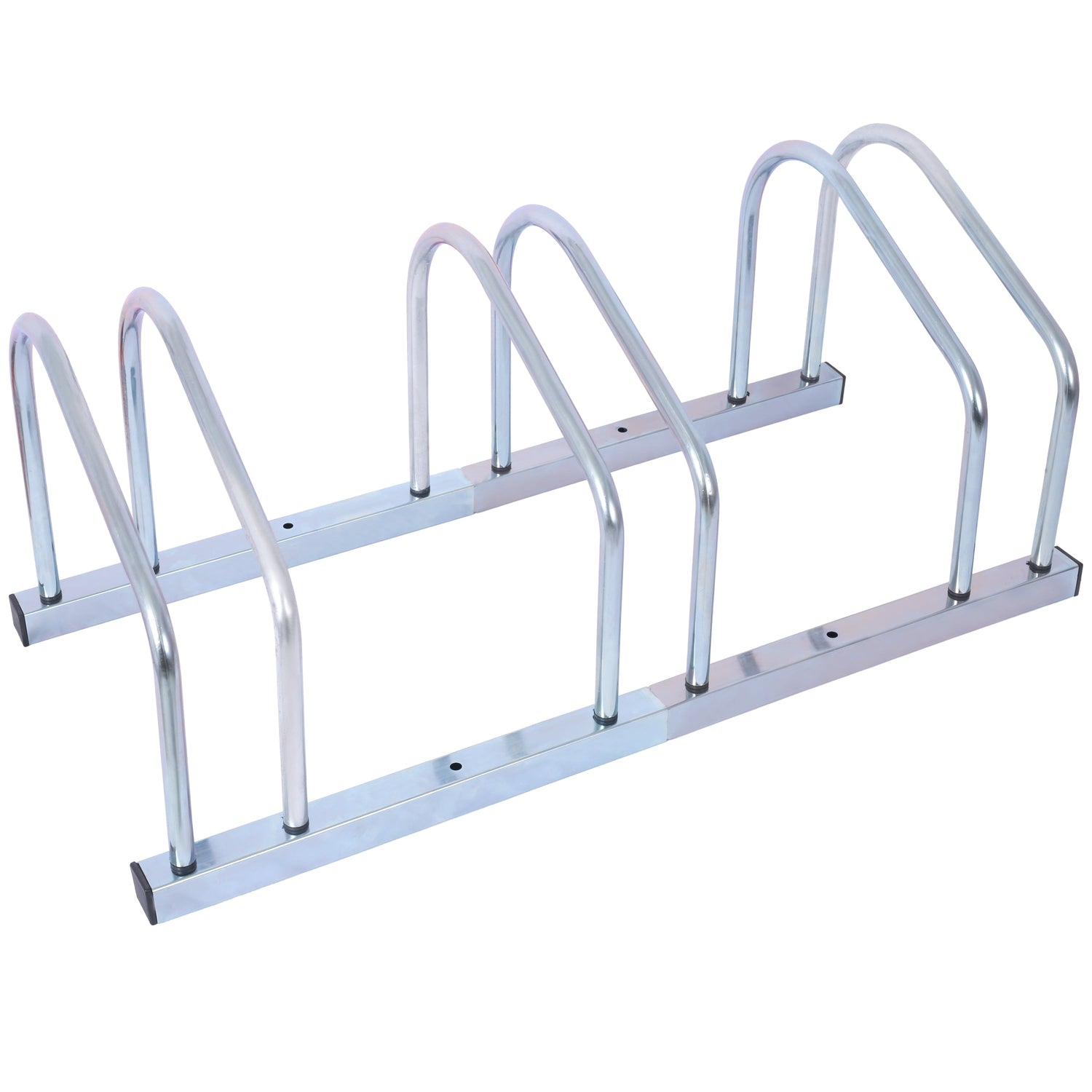 3 bicycle parking racks, 22-28 inch wheel supports, maximum tire width 2.15 inches, galvanized