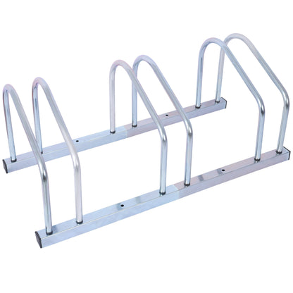 3 bicycle parking racks, 22-28 inch wheel supports, maximum tire width 2.15 inches, galvanized