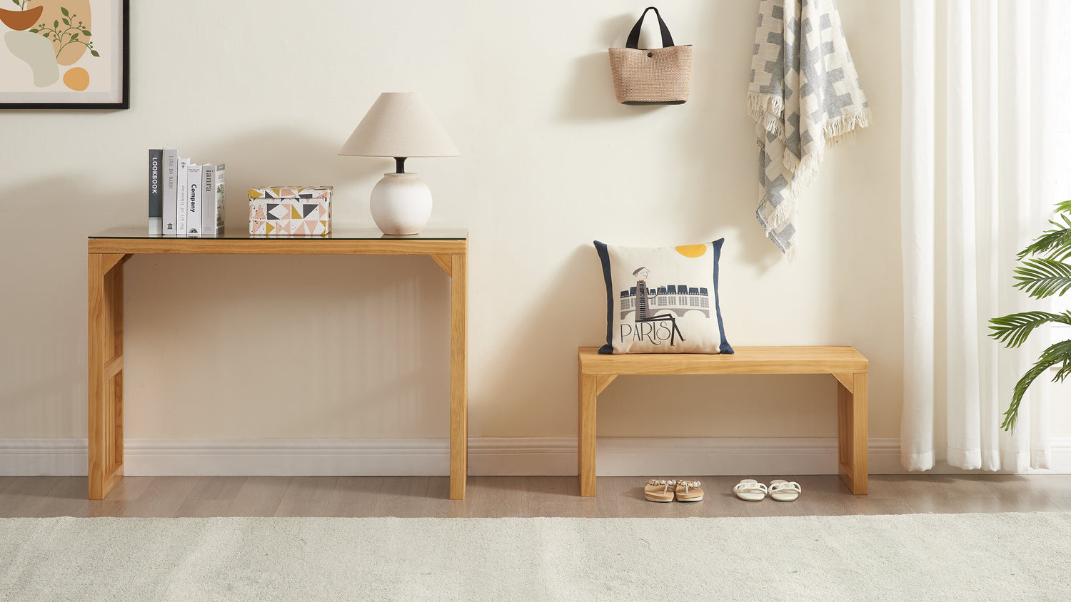Dining Bench and Table, Pine Indoor Wood Bench for Entryway,Living Room,Kitchen and Bedroom Table (Nature, Long Bench &amp; Table)