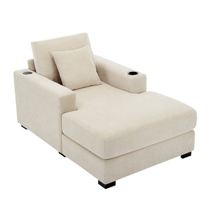 39.7" Oversized Chaise Lounger Modern Style Sofa Couch ,with Pillows, Charge Station &amp; Cup Holders, Chenille Fabric, Cream