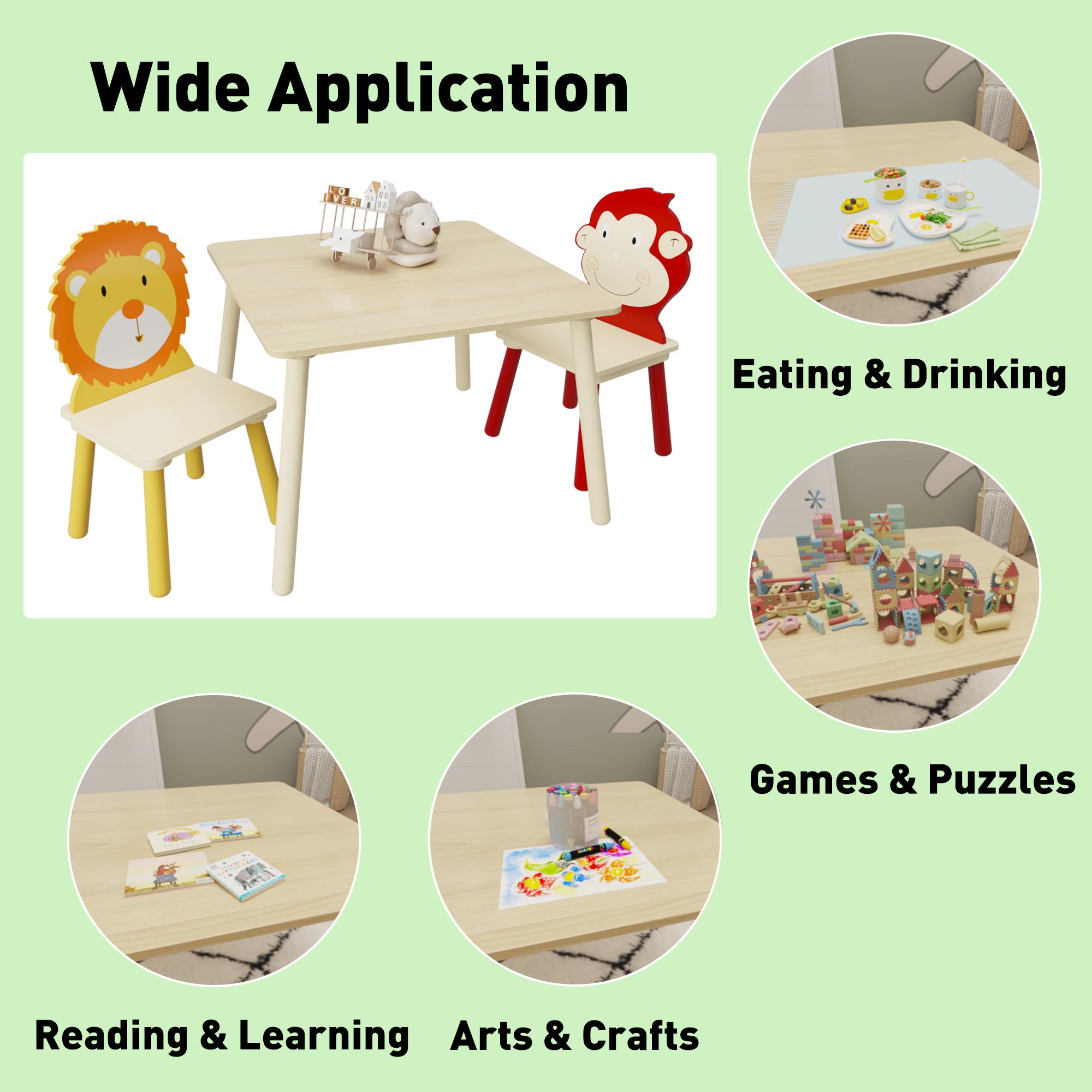 Kids Table and 2 Chairs Set 3 Pieces Toddler Table and Chair Set Wooden Activity Play Table Set (Lion&amp;Monkey)