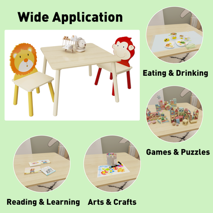 Kids Table and 2 Chairs Set 3 Pieces Toddler Table and Chair Set Wooden Activity Play Table Set (Lion&amp;Monkey)