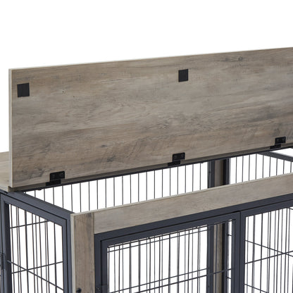 Furniture Style Dog Crate Side Table on Wheels with Double Doors and Lift Top.Grey,38.58&
