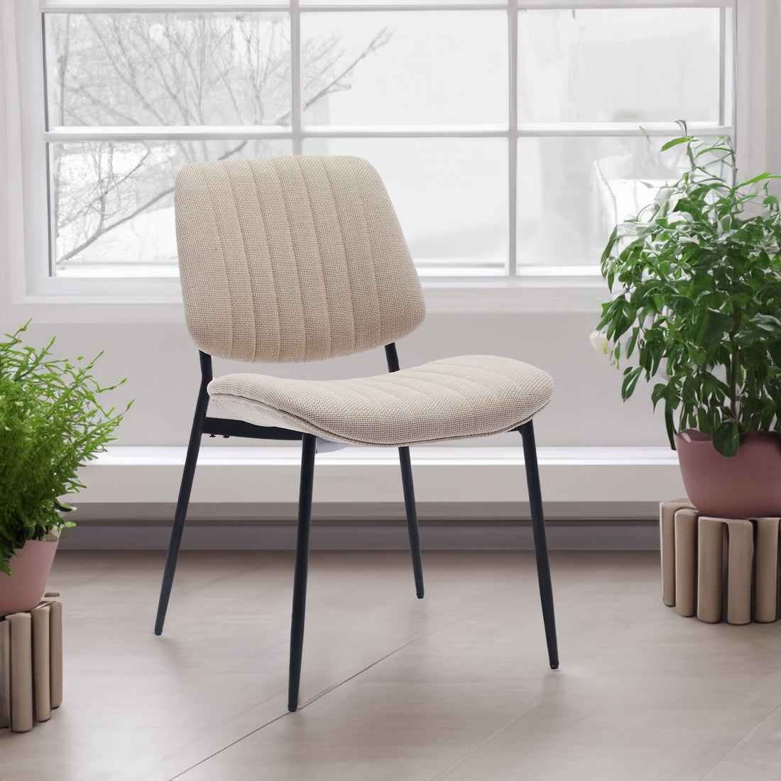 2-piece retro linen chair set with curved wooden backrest, cushioned seat, adjustable metal legs, (Beige Linen)