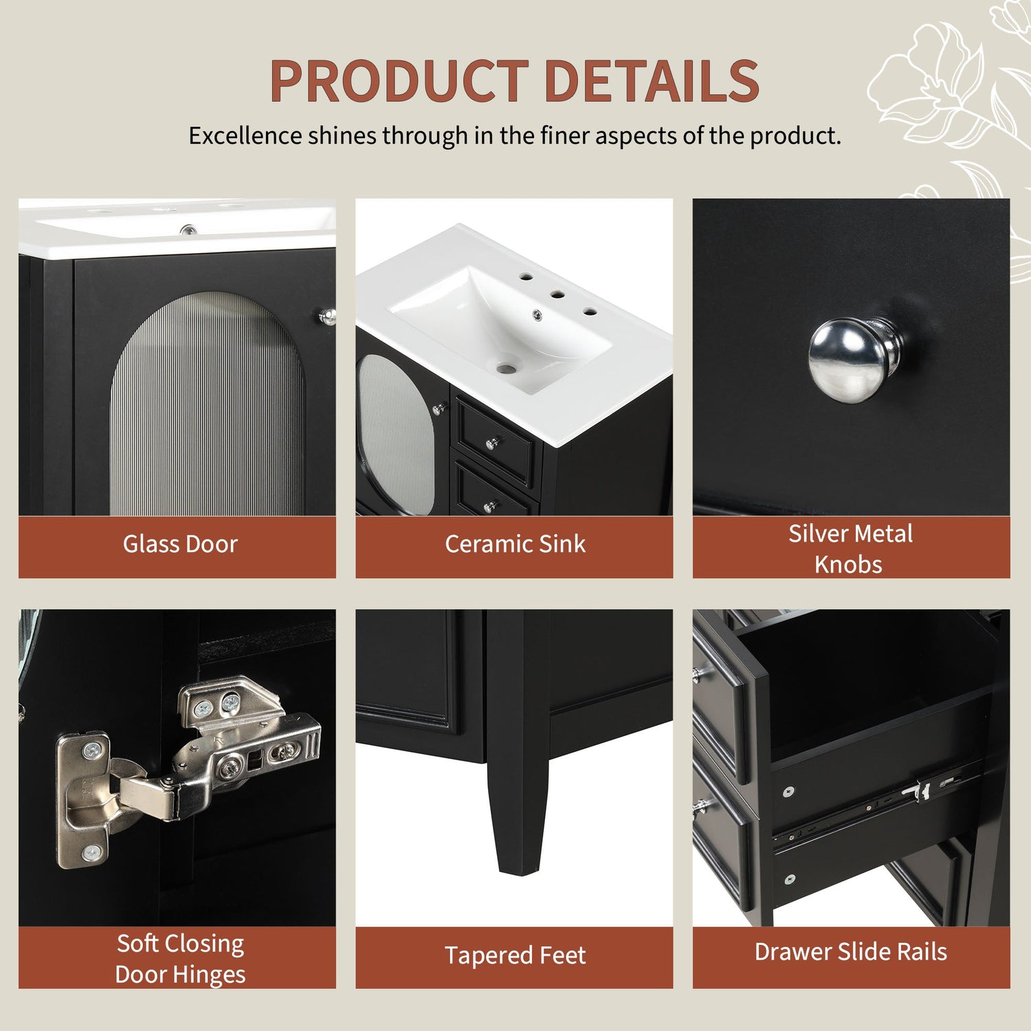 30" Bathroom Vanity with Sink, Bathroom Vanity Cabinet with Three Drawers and Door, Solid Wood and MDF, Black