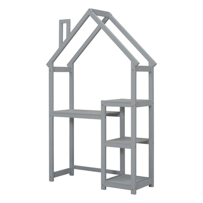 House-shaped Wooden writing Desk,Kids study Table,Bookshelf &amp; Toy Storage,Grey