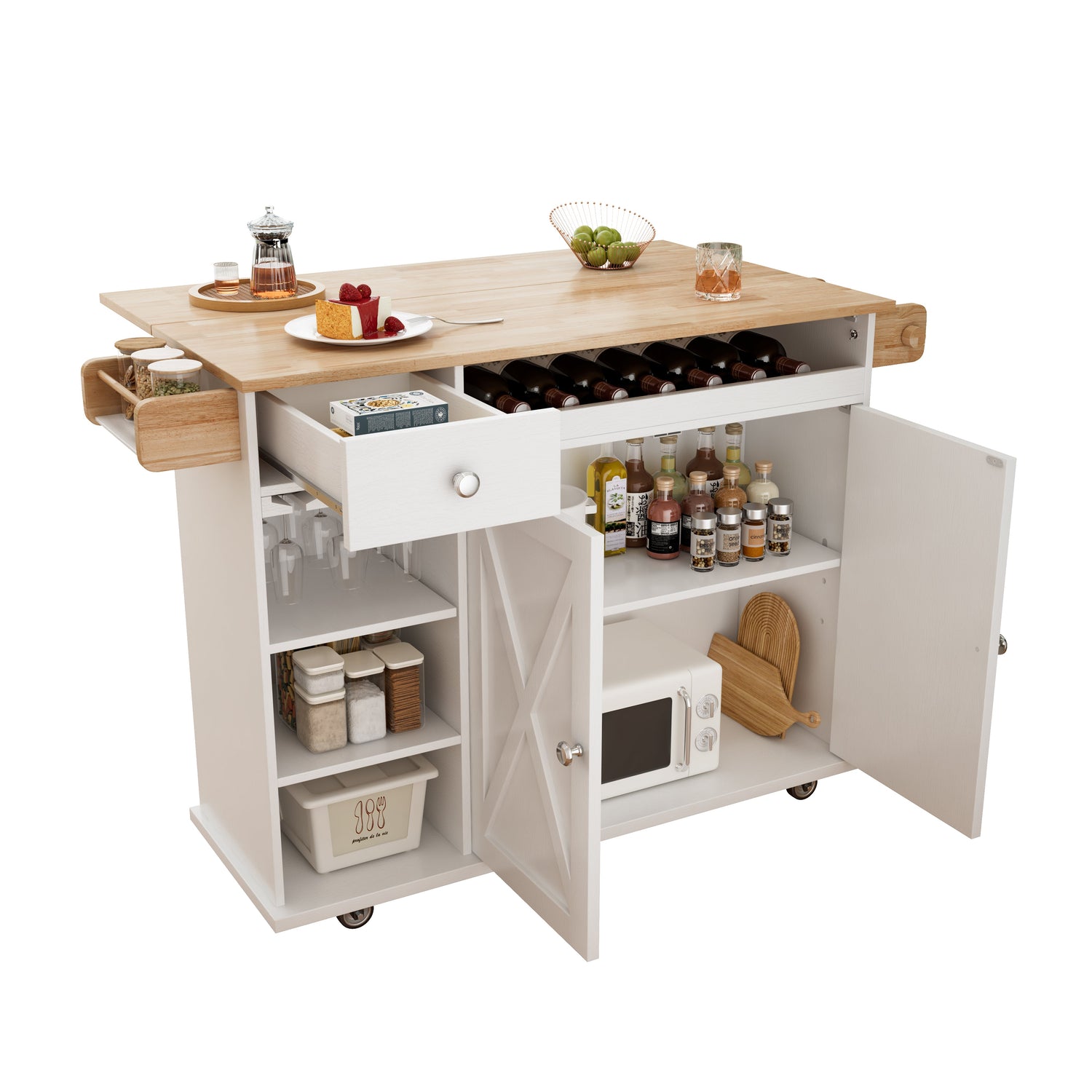 44 Inch Kitchen Island Cart with Solid Wood Top, Wine Storage, Spice Rack, Towel Rack, Wine Glass Holder White &amp; Oak