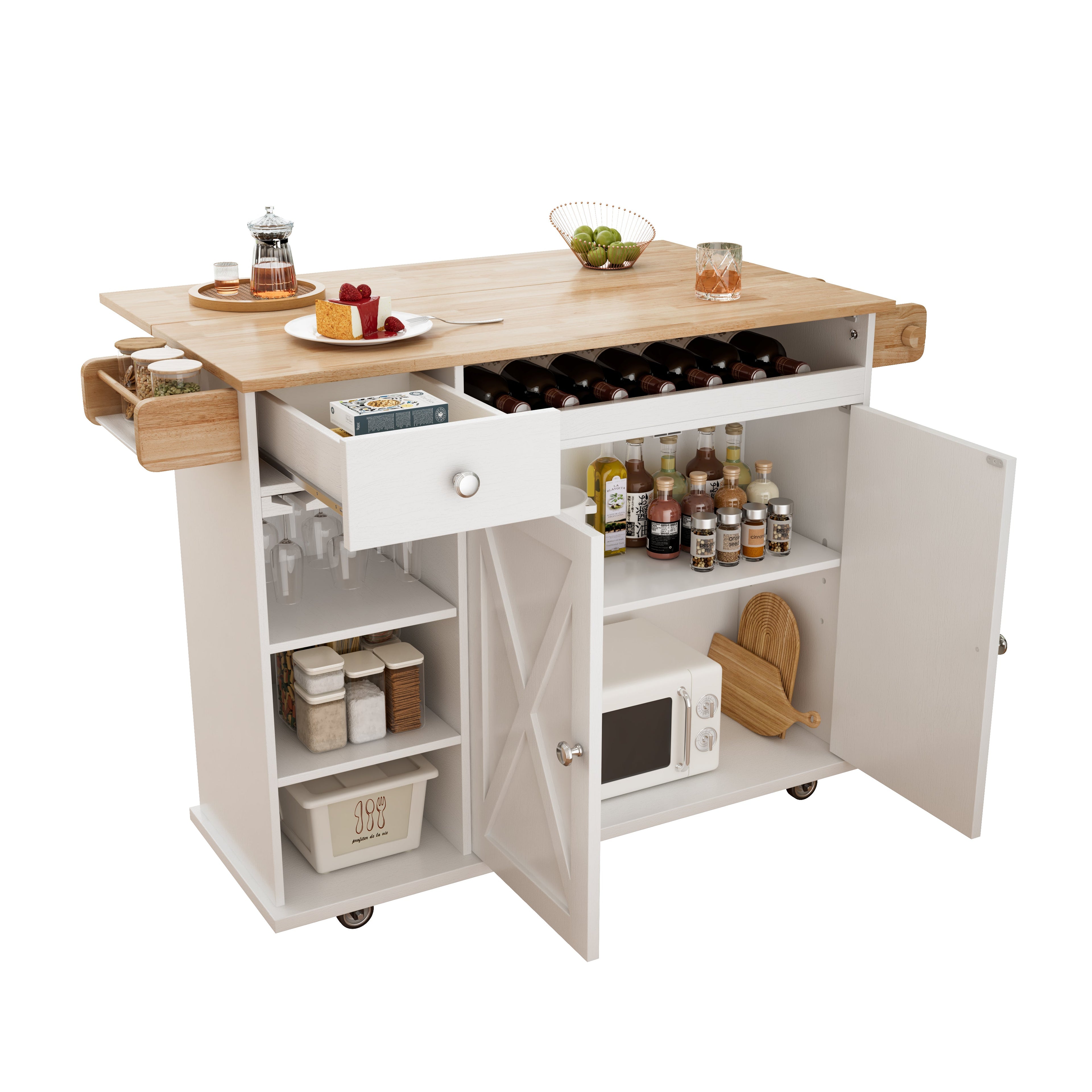 44 Inch Kitchen Island Cart with Solid Wood Top, Wine Storage, Spice Rack, Towel Rack, Wine Glass Holder White &amp; Oak