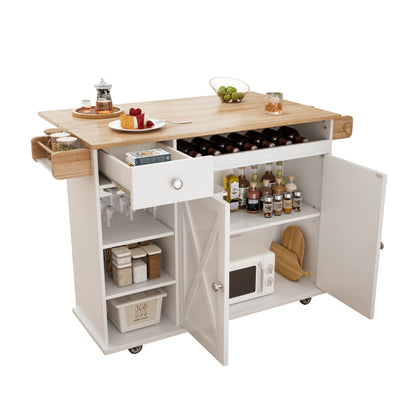 44 Inch Kitchen Island Cart with Solid Wood Top, Wine Storage, Spice Rack, Towel Rack, Wine Glass Holder White &amp; Oak