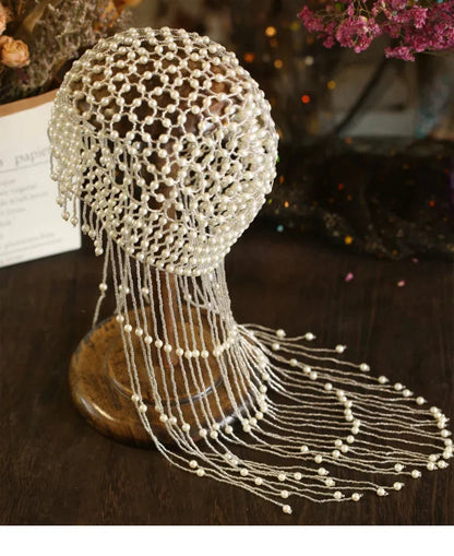 Handmade hollowed out headpiece performance pearl tassel hat
