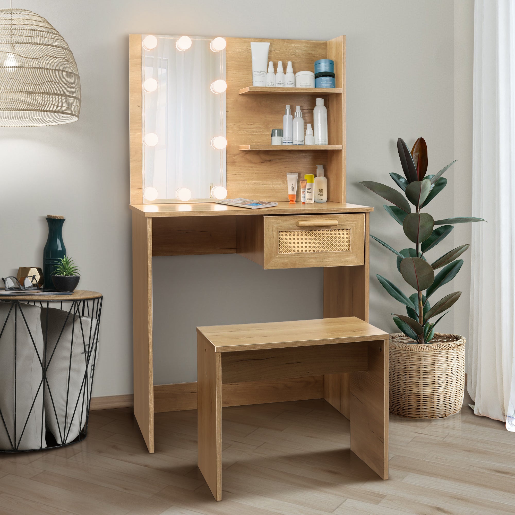 Vanity Desk Set Stool &amp; Dressing Table with LED Lighting Mirror Drawer and Wood Cosmetic Table Chest of Drawers Nature Color