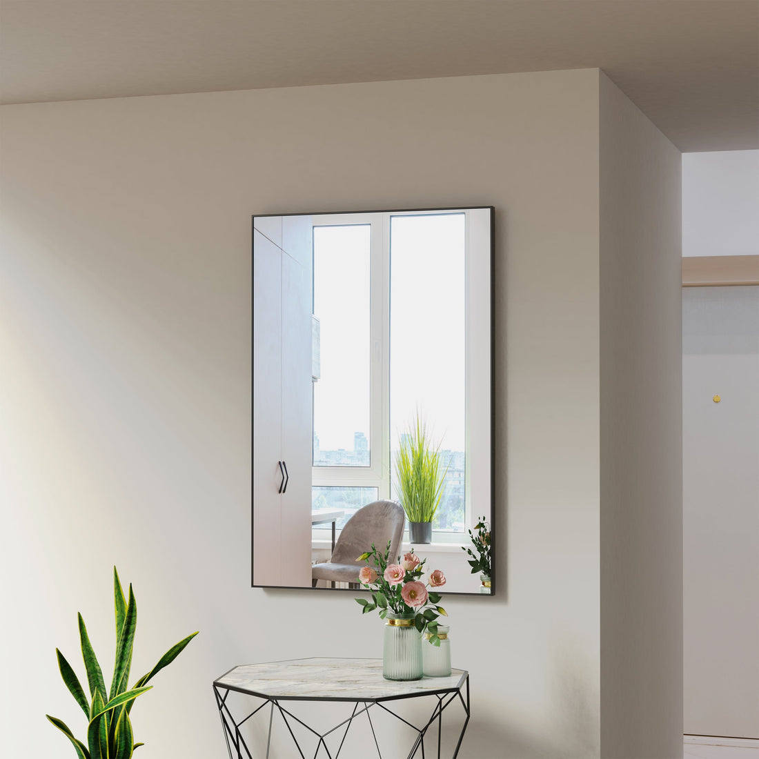 36x24 inch modern black bathroom mirror with aluminum frame decorative wall mirror suitable for living room, bedroom