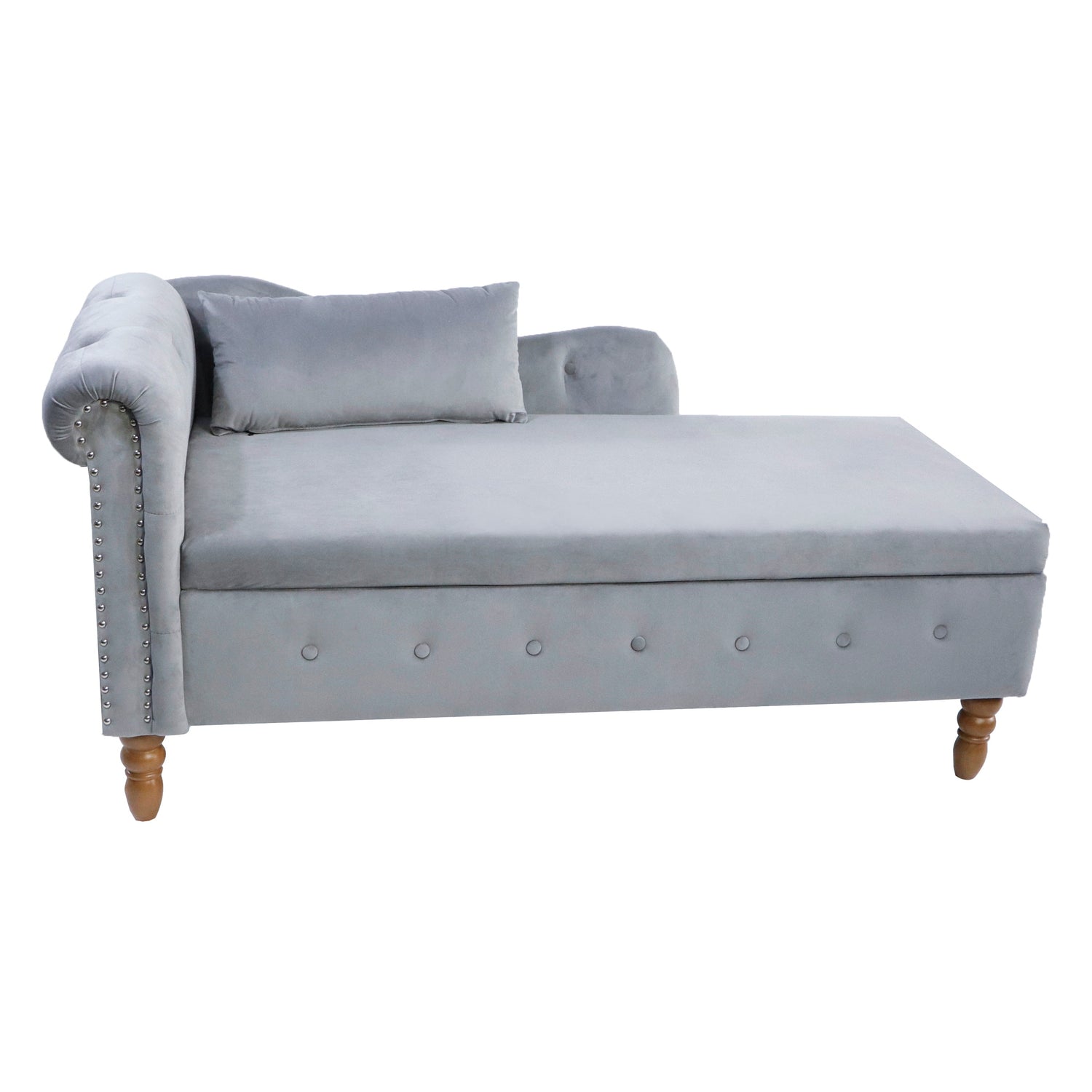 Grey Chaise Lounge Indoor Velvet Lounge Chair for Bedroom with Storage &amp; Pillow Modern Upholstered Rolled Arm Chase Lounge