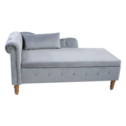 Grey Chaise Lounge Indoor Velvet Lounge Chair for Bedroom with Storage &amp; Pillow Modern Upholstered Rolled Arm Chase Lounge