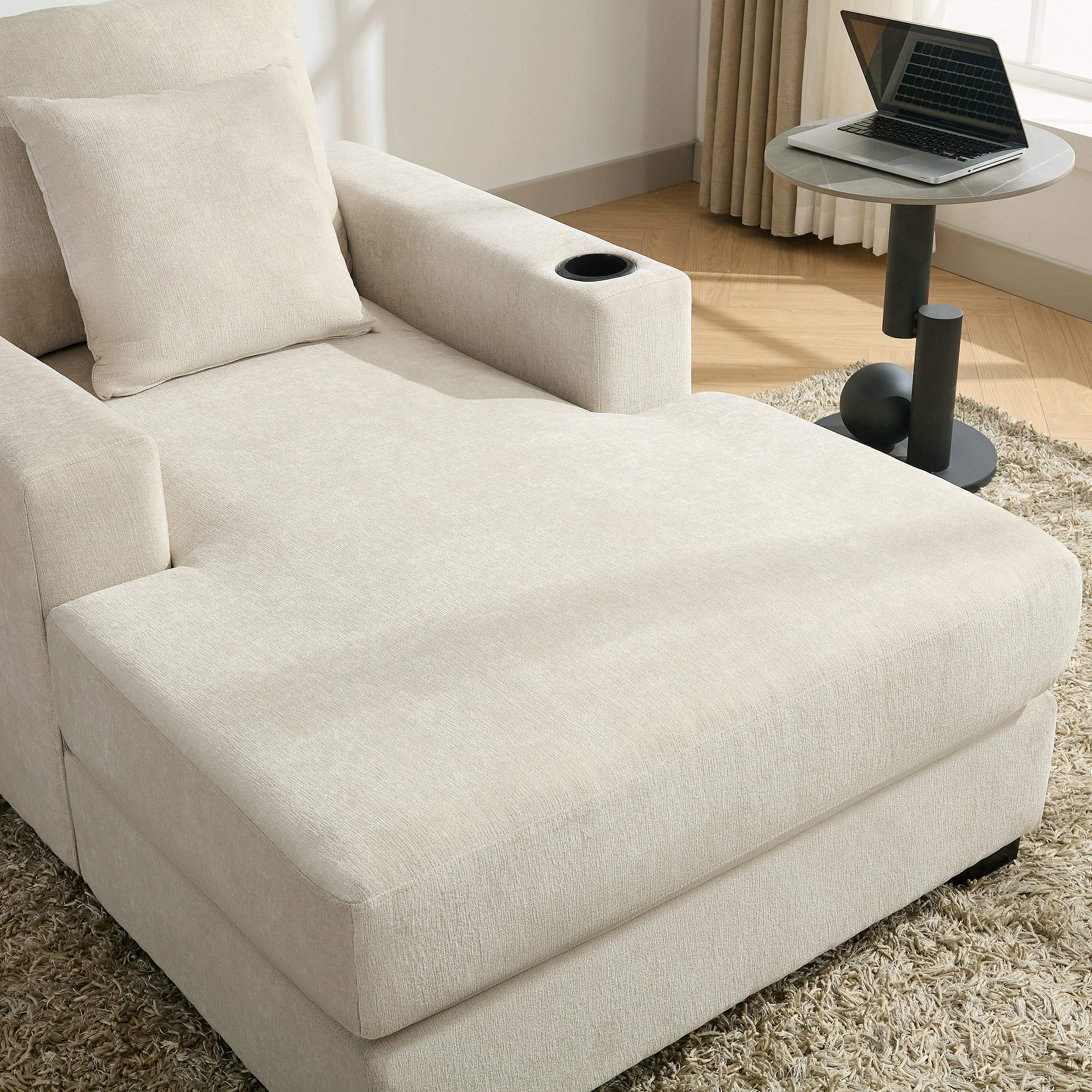 39.7" Oversized Chaise Lounger Modern Style Sofa Couch ,with Pillows, Charge Station &amp; Cup Holders, Chenille Fabric, Cream