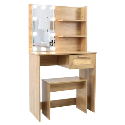 Vanity Desk Set Stool &amp; Dressing Table with LED Lighting Mirror Drawer and Wood Cosmetic Table Chest of Drawers Nature Color