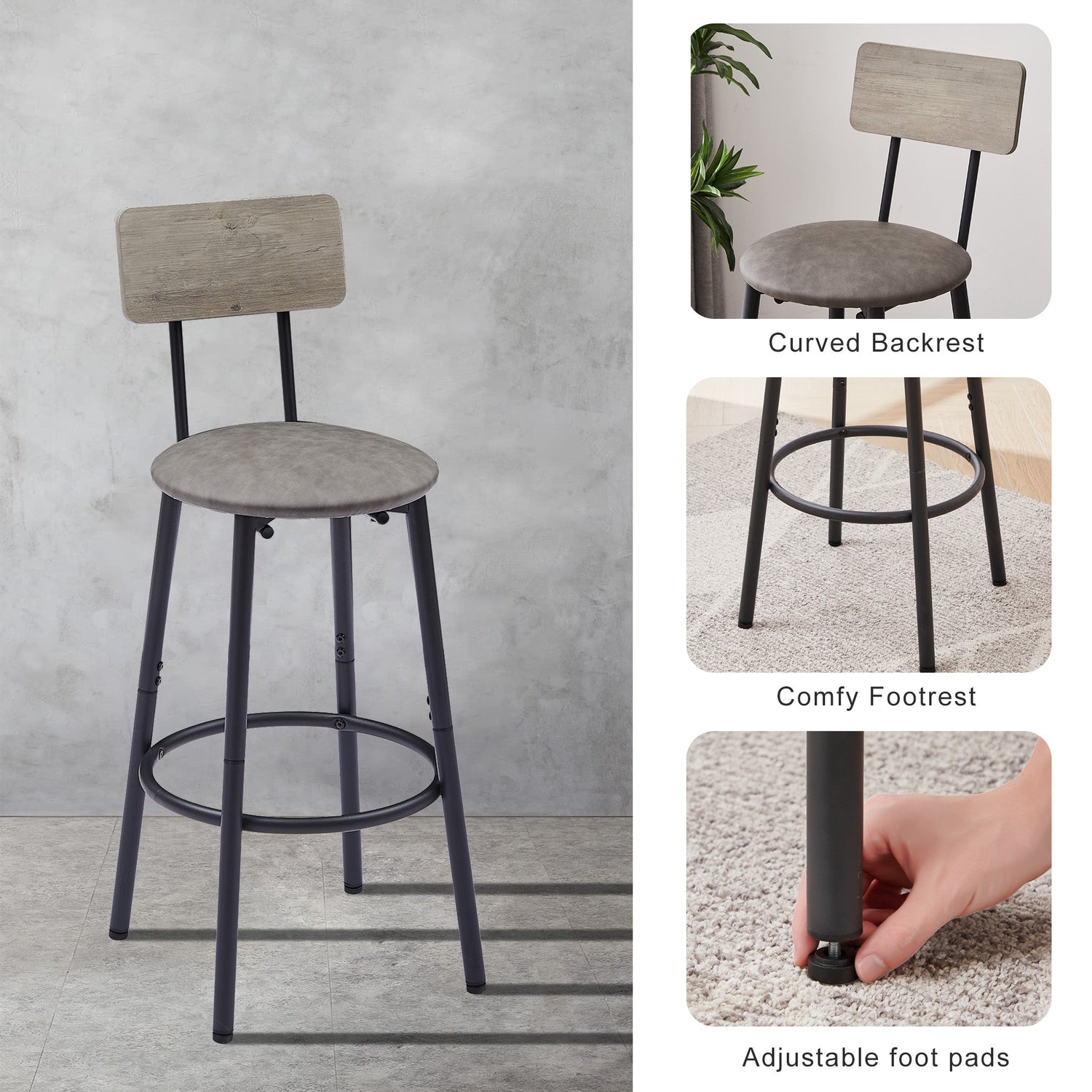 Bar Table Set with 2 Bar stools PU Soft seat with backrest Grey 43.31&