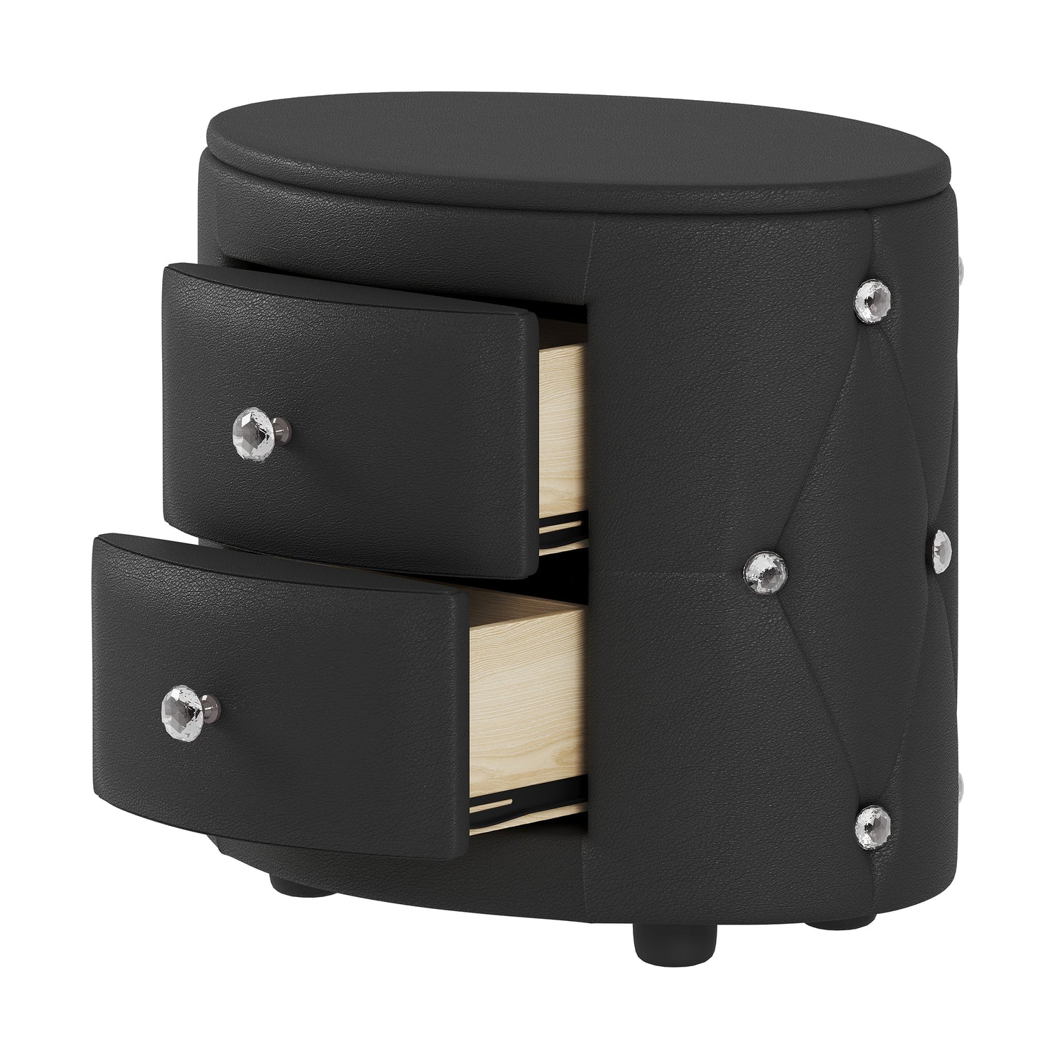 Elegant PU Nightstand with 2 Drawers and Crystal Handle,Fully Assembled Except Legs&amp;Handles,Storage Bedside Table - Black